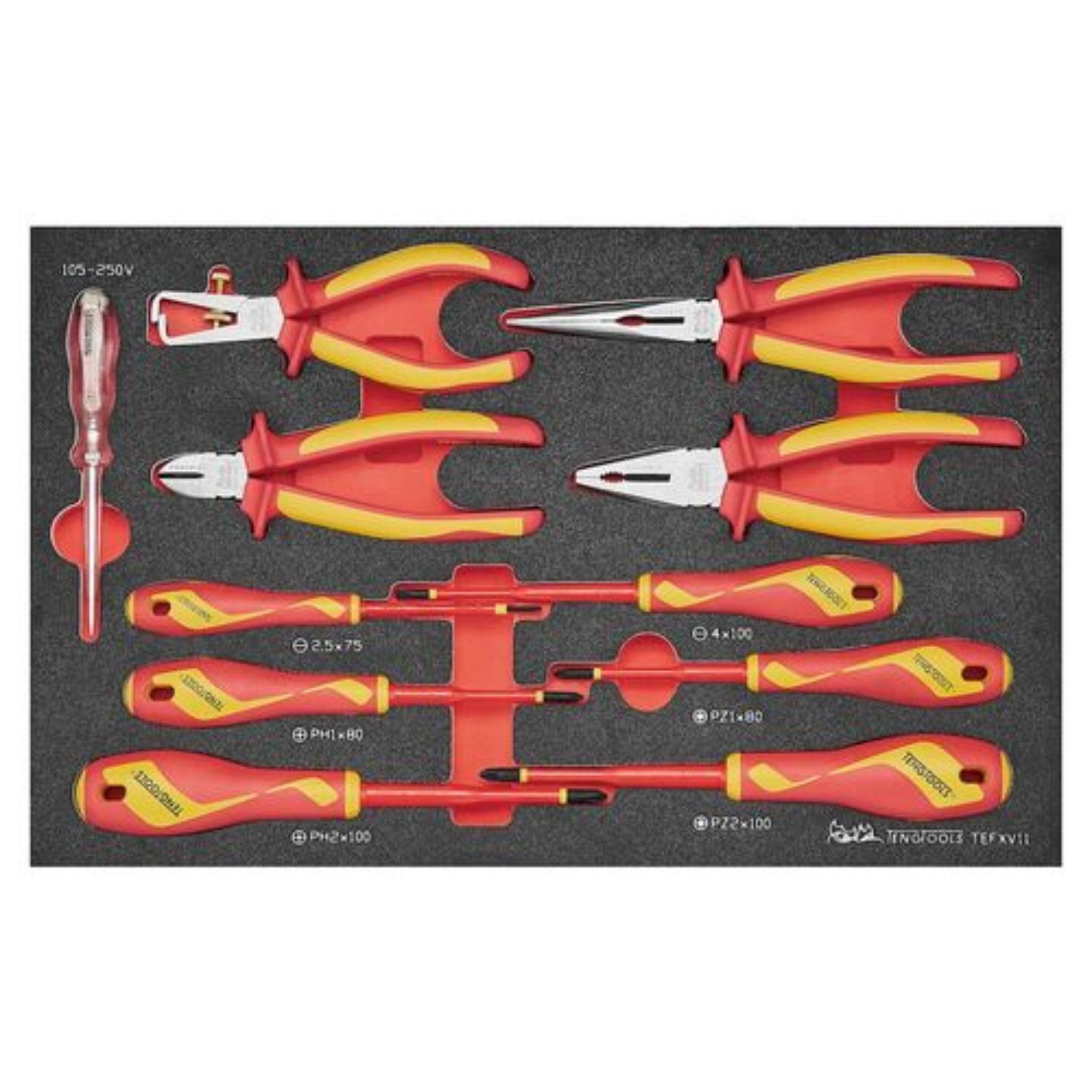 Teng Tools 11 Piece 1000 Volt Insulated Plier (Side Cutting, Combination, Long Nose, Wire Stripping) And Screwdriver (Flat, PH, PZ) EVA Foam Tray - TE