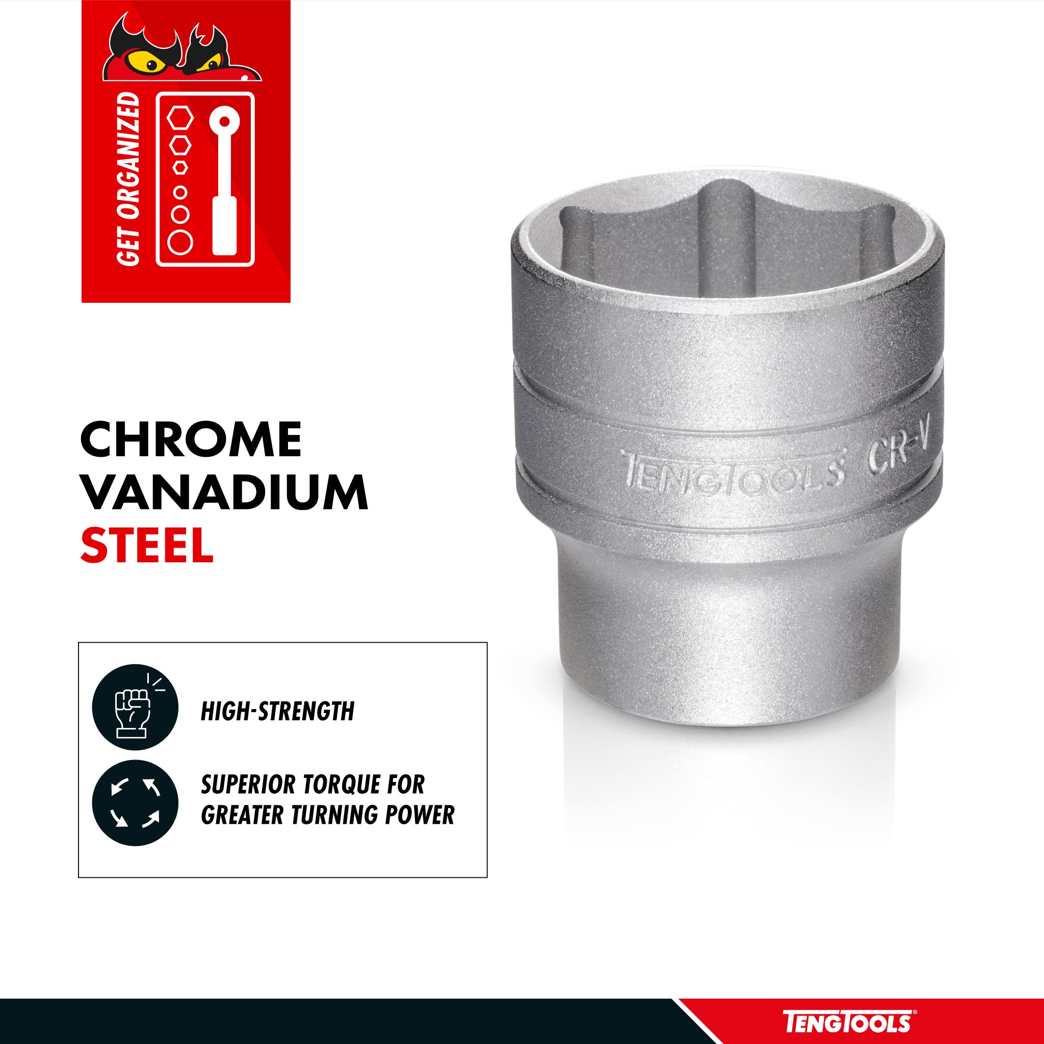 Teng Tools 1/2 Inch Drive 6 Point Metric Shallow Chrome Vanadium Sockets - 25mm