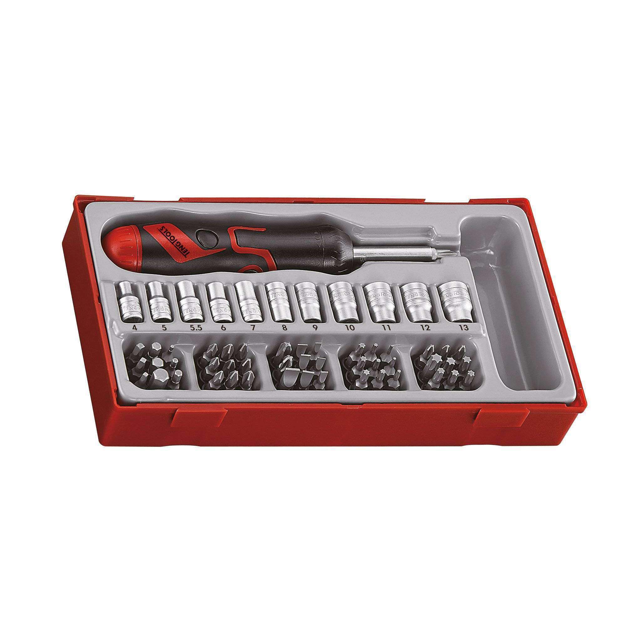 Teng Tools 64 Piece 1/4 Inch Drive Angled Ratcheting Bits, Sockets And Driver Set - TTMDRT64
