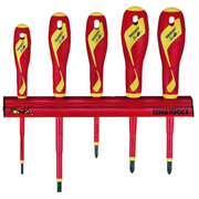 Teng Tools 5 Piece 1000 Volt Insulated Mixed Slotted/Flat, Phillips (PH) & Pozidriv (PZ) Screwdriver Wall Rack - WRMDV05N