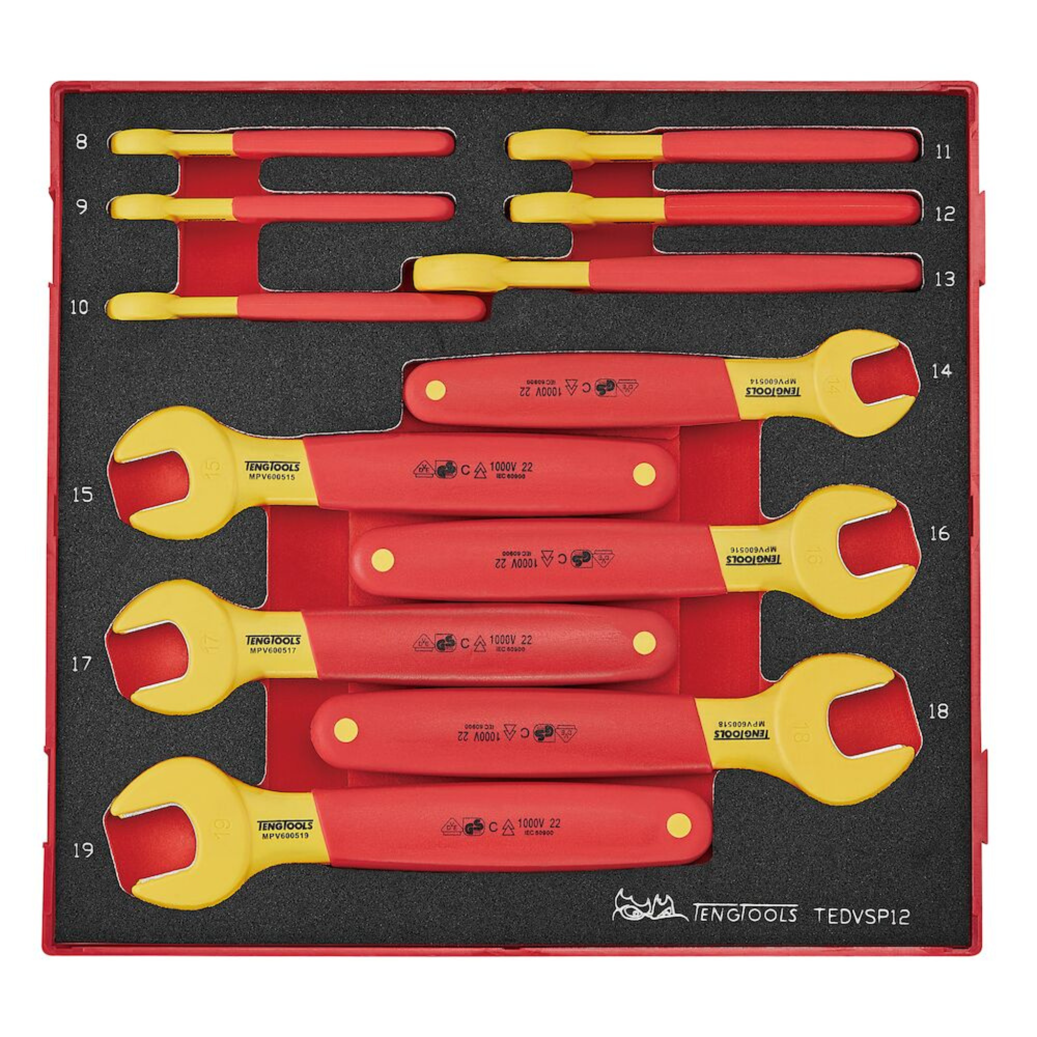 Teng Tools 12 Piece 1000 Volt Insulated Metric Open Ended Wrench EVA Foam Set (8MM - 19MM) - TEDVSP12