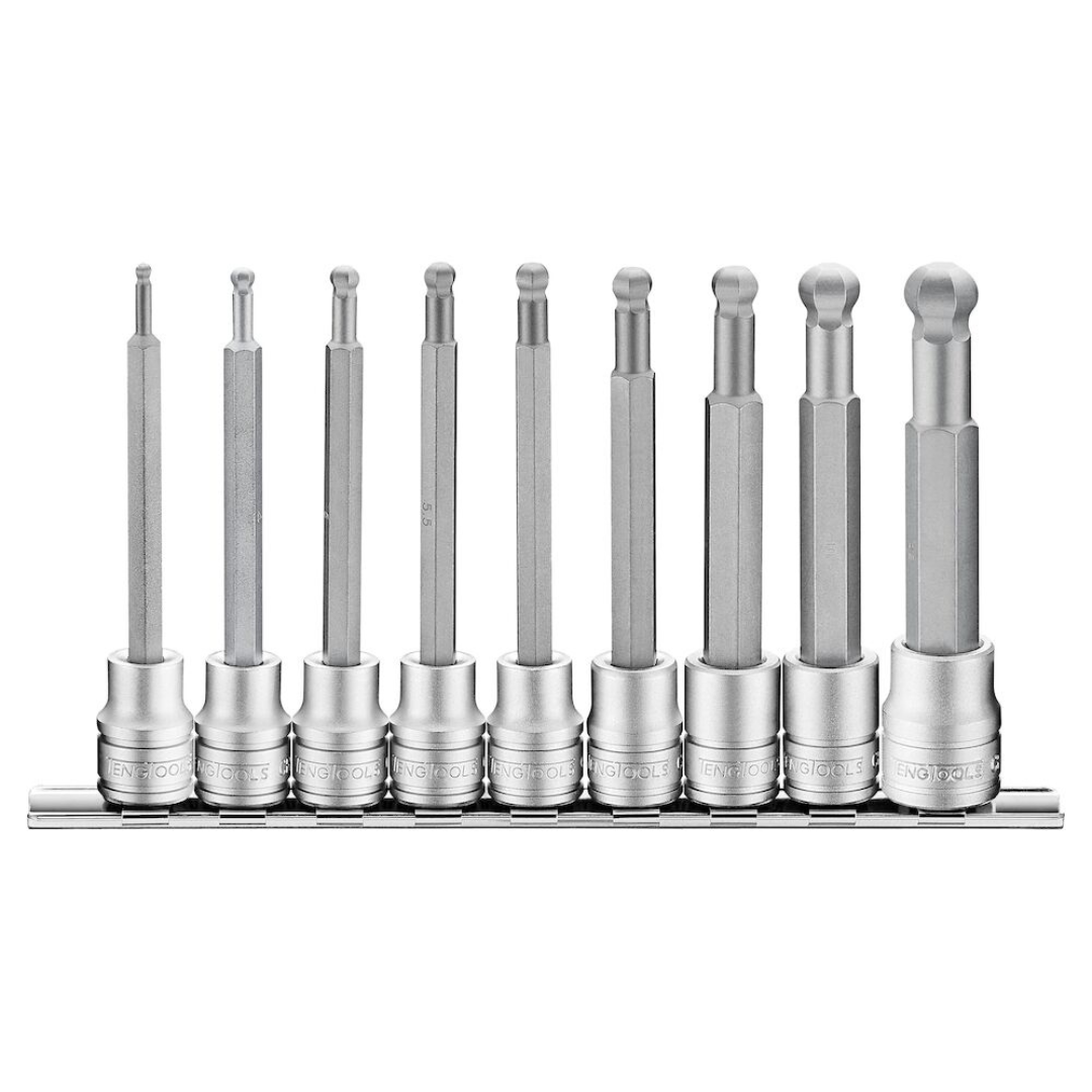 Teng Tools 9 Piece 3/8 Inch Drive Metric Hex Chrome Vanadium Ball Point Socket Bit Set (3MM - 12MM) - M3809HBN