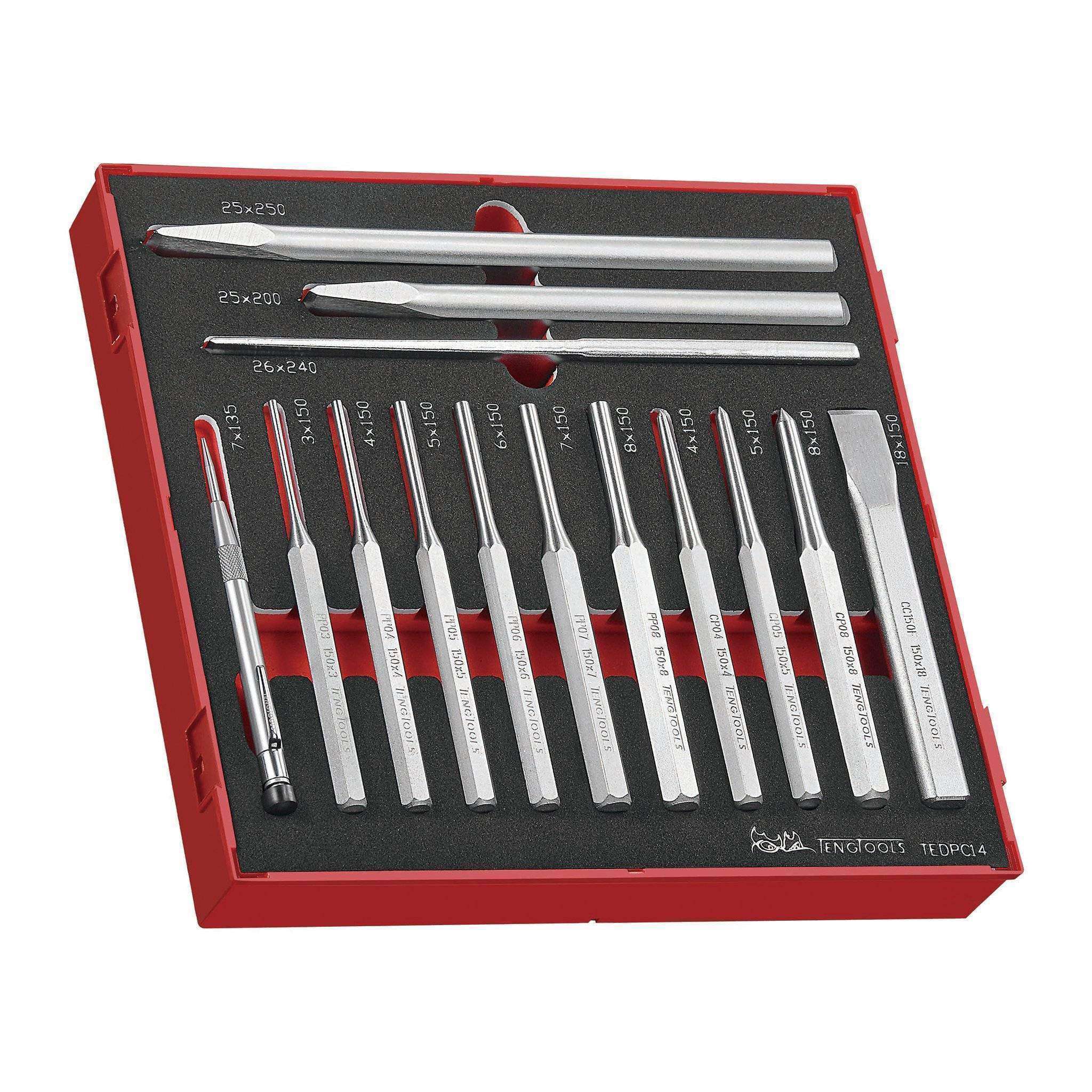 Teng Tools 14 Piece Parallel Pin Punch, Flat Cold Chisel And Centre Punch Foam Set - TEDPC14