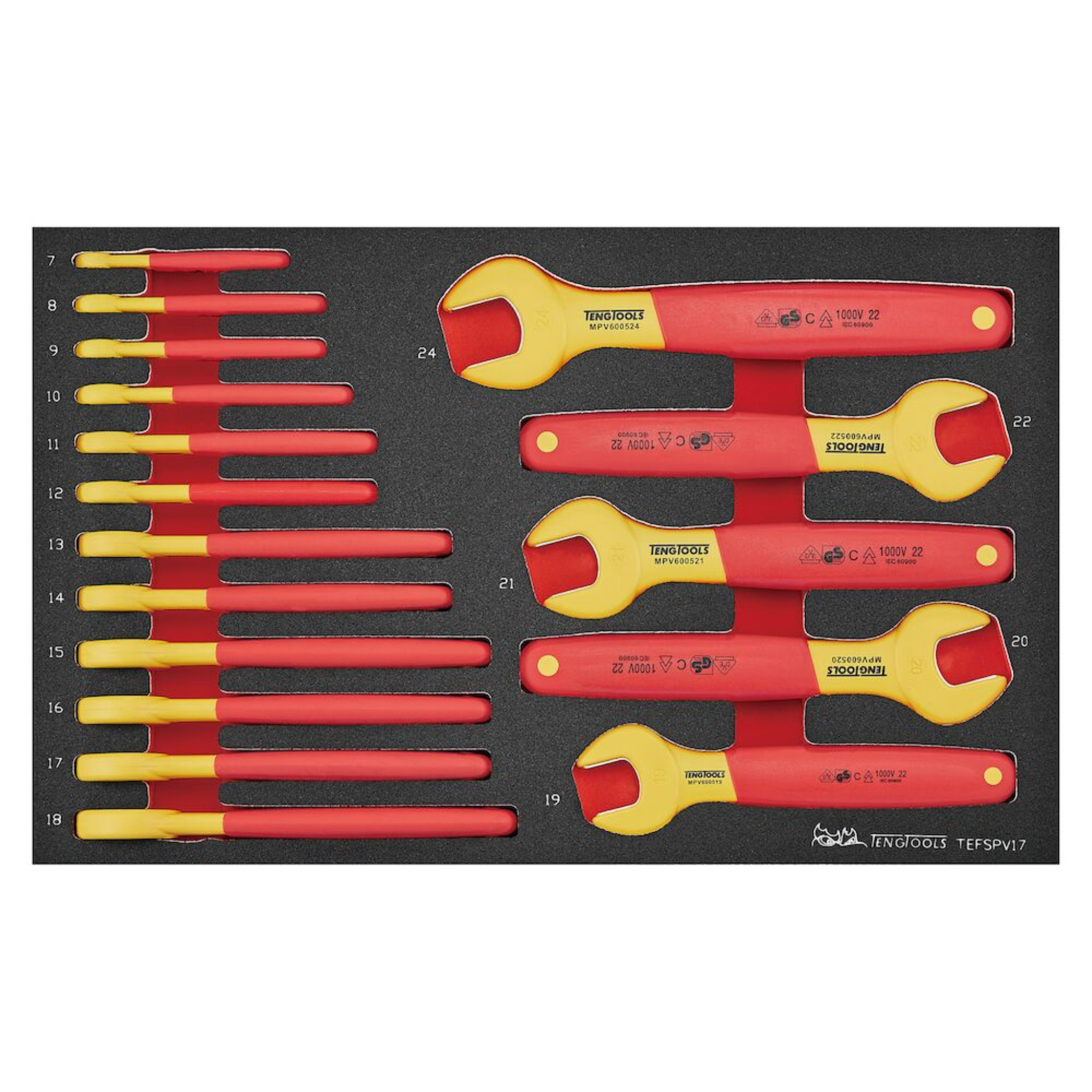 Teng Tools 17 Piece 1000 Volt Insulated Metric Open Ended Wrench EVA Foam Set (7MM - 24MM) - TEFSPV17