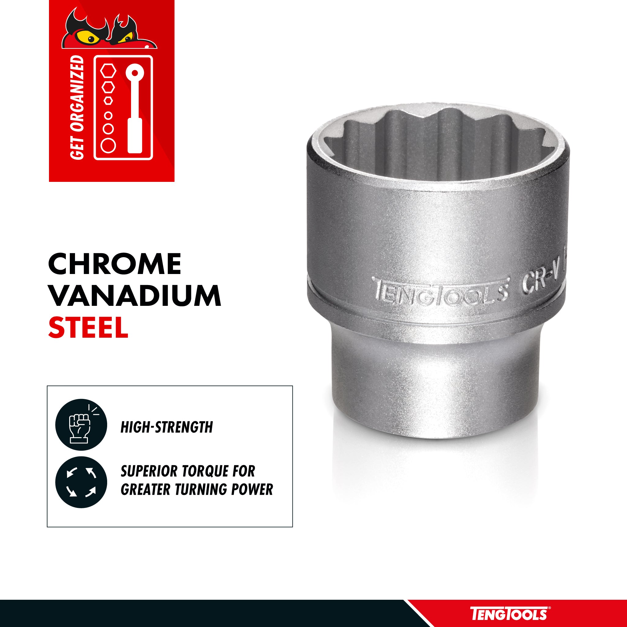 Teng Tools 1/2 Inch Drive 12 Point Metric Shallow Chrome Vanadium Sockets - 24mm