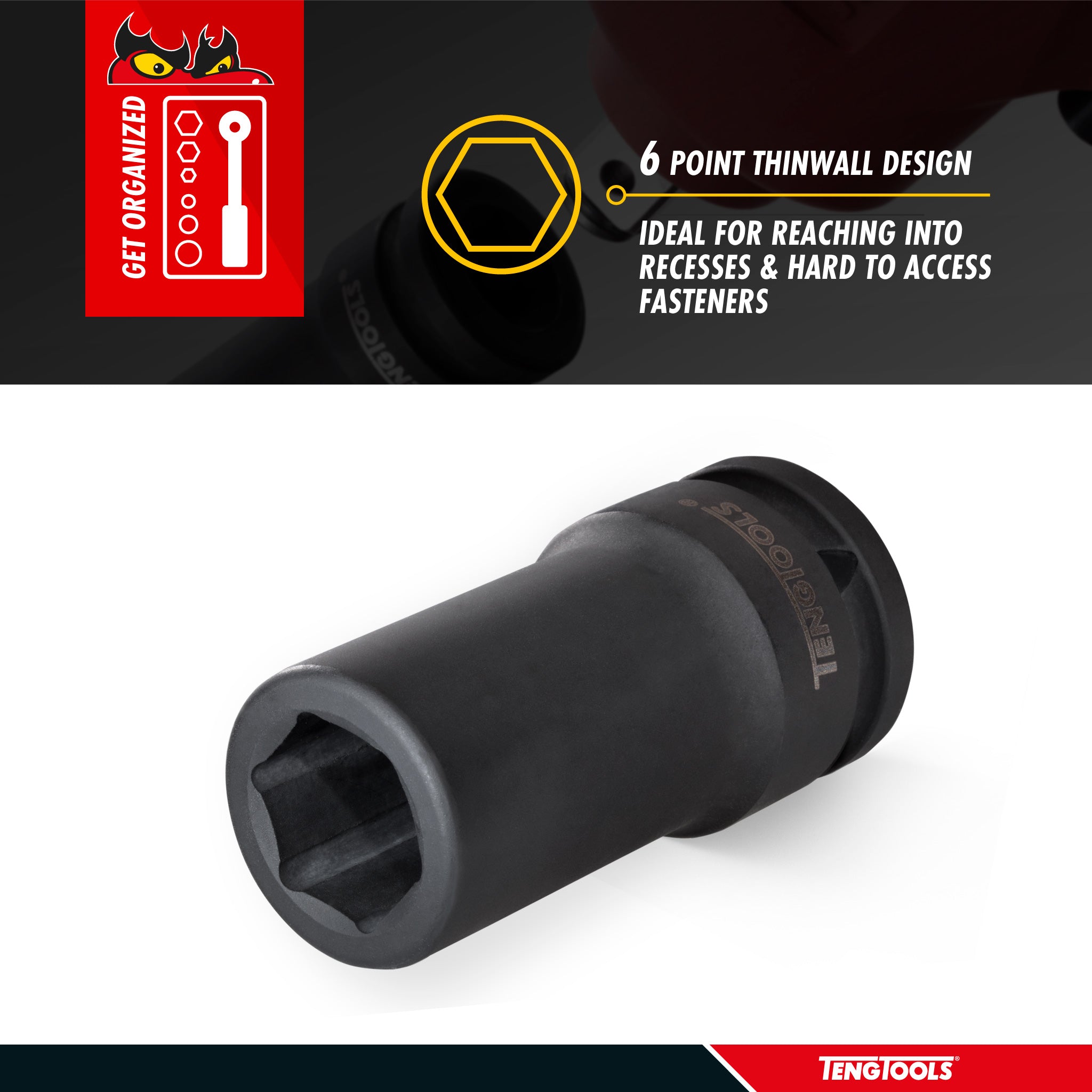 Teng Tools 1 Inch Drive 6 Point Metric Deep Thinwall Chrome Molybdenum Impact Sockets - 27mm