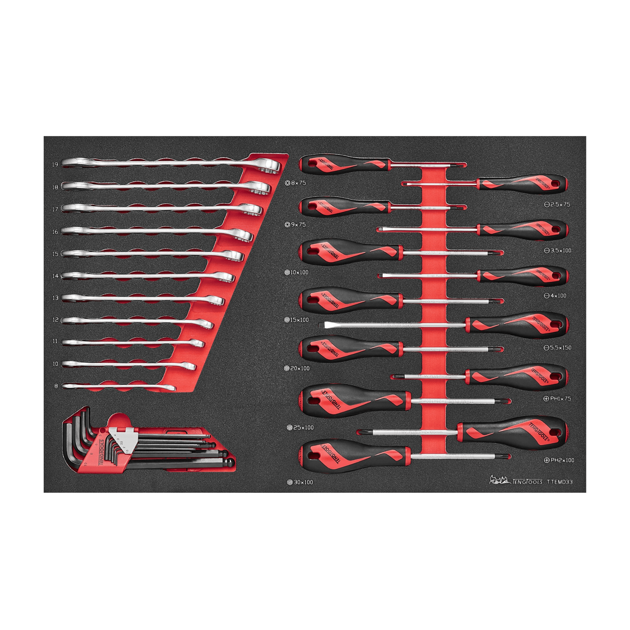 Teng Tools 33 Piece Screwdriver (Flat, PH, Torx), Wrench (8MM To 19MM) And Hex Key Set - TTEMD33