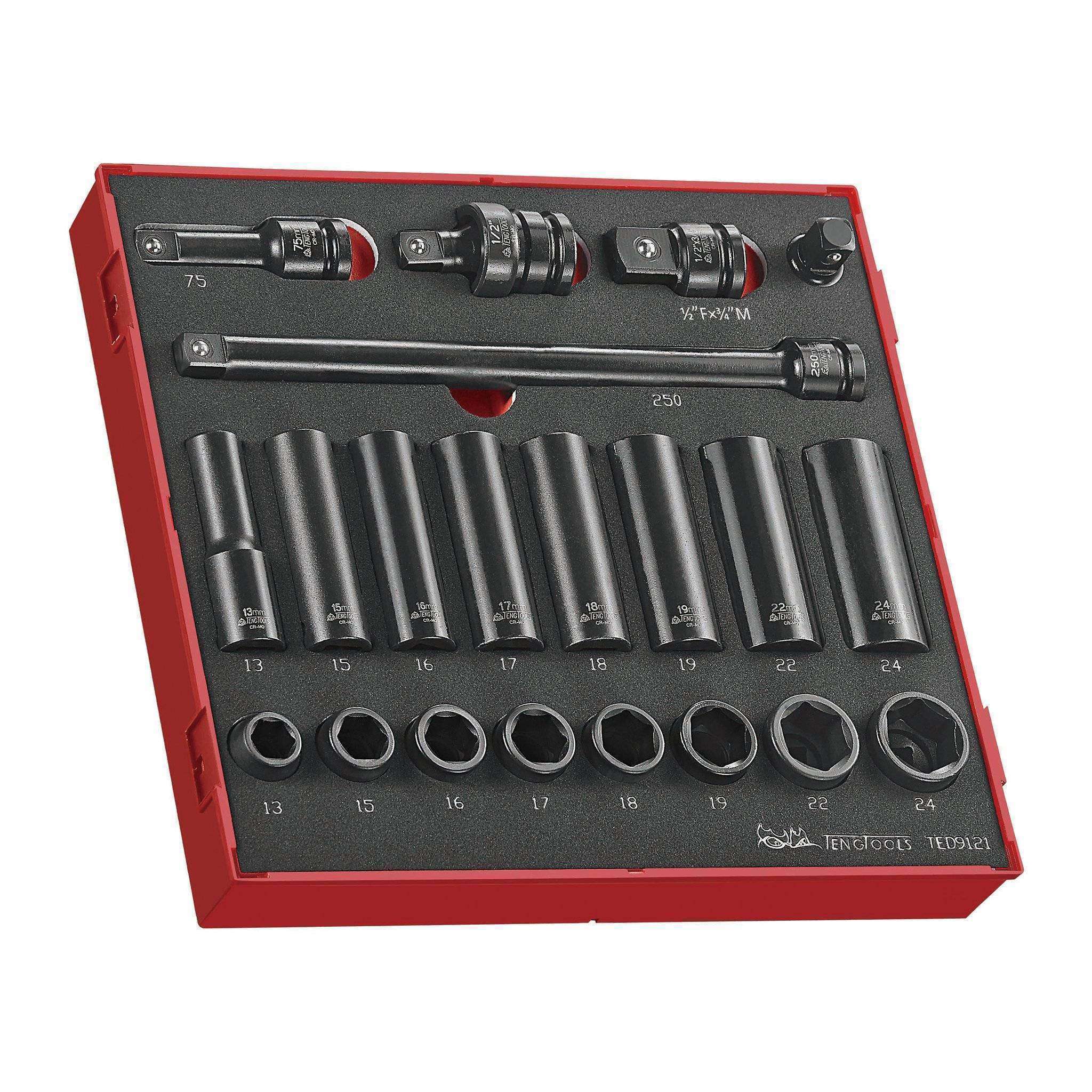 Teng Tools 21 Piece 1/2 Inch Drive 6 Point Regular & Deep Impact Socket Set In EVA Tray - TED9121