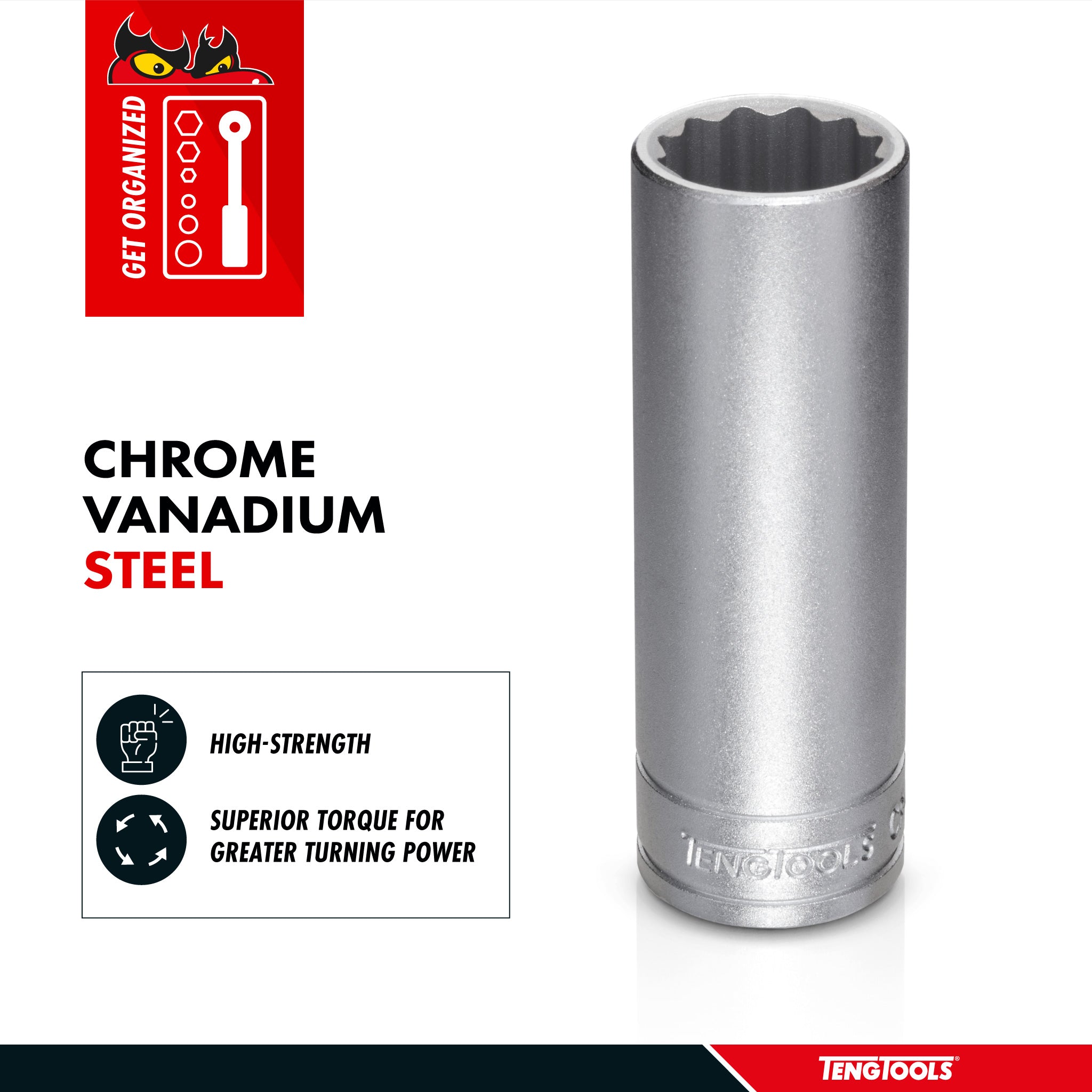 Teng Tools 1/2 Inch Drive 12 Point Metric Deep Chrome Vanadium Sockets - 22mm