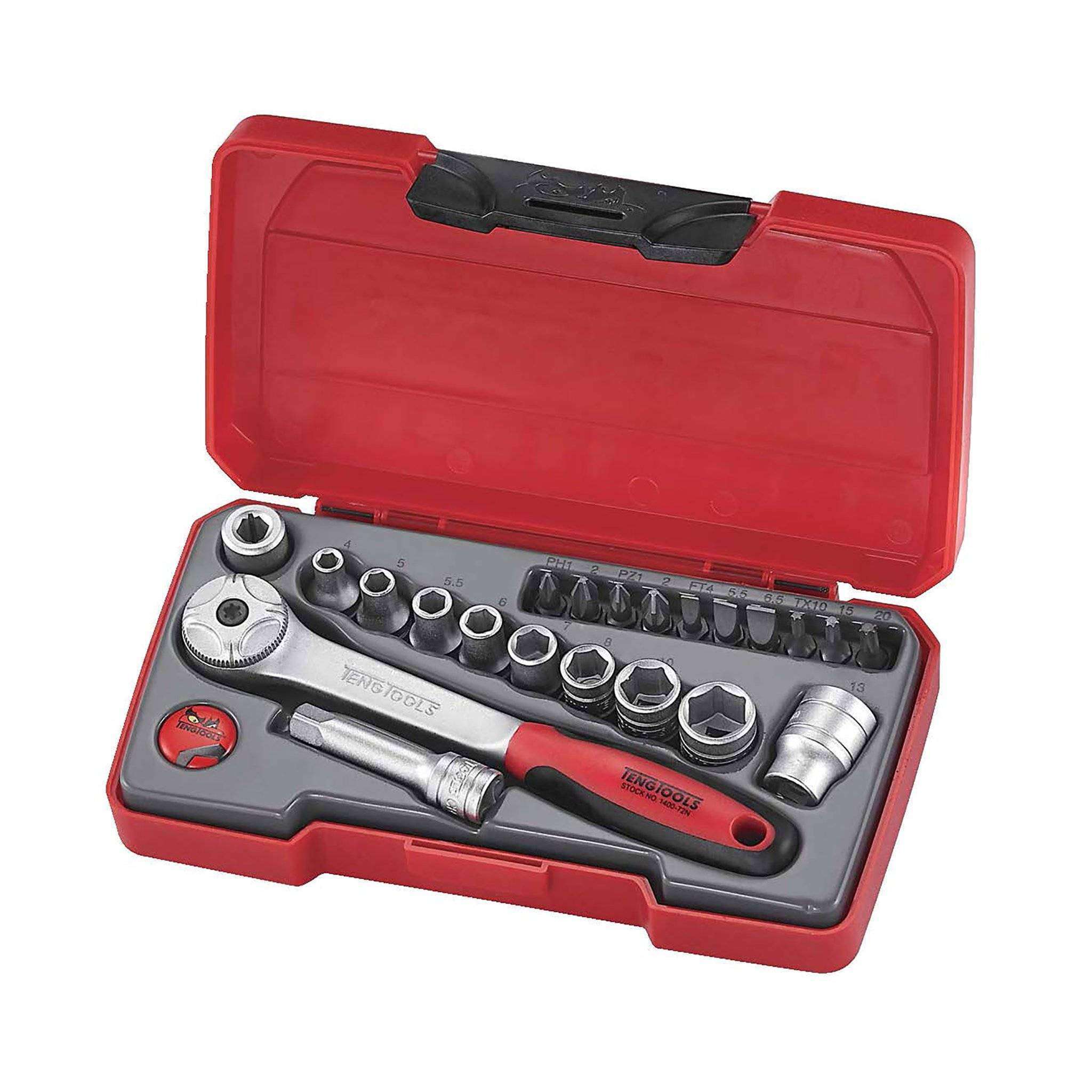 Teng Tools 22 Piece 1/4 Inch Drive 6 Point Metric Regular/Shallow Socket Set (4mm - 13mm) - T1422