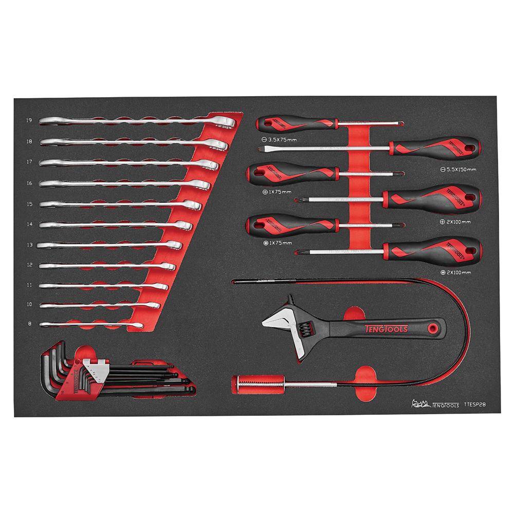 Teng Tools 28 Piece Combination Wrench, Screwdriver, Hex Key & Accessories EVA Foam Set - TTESP28