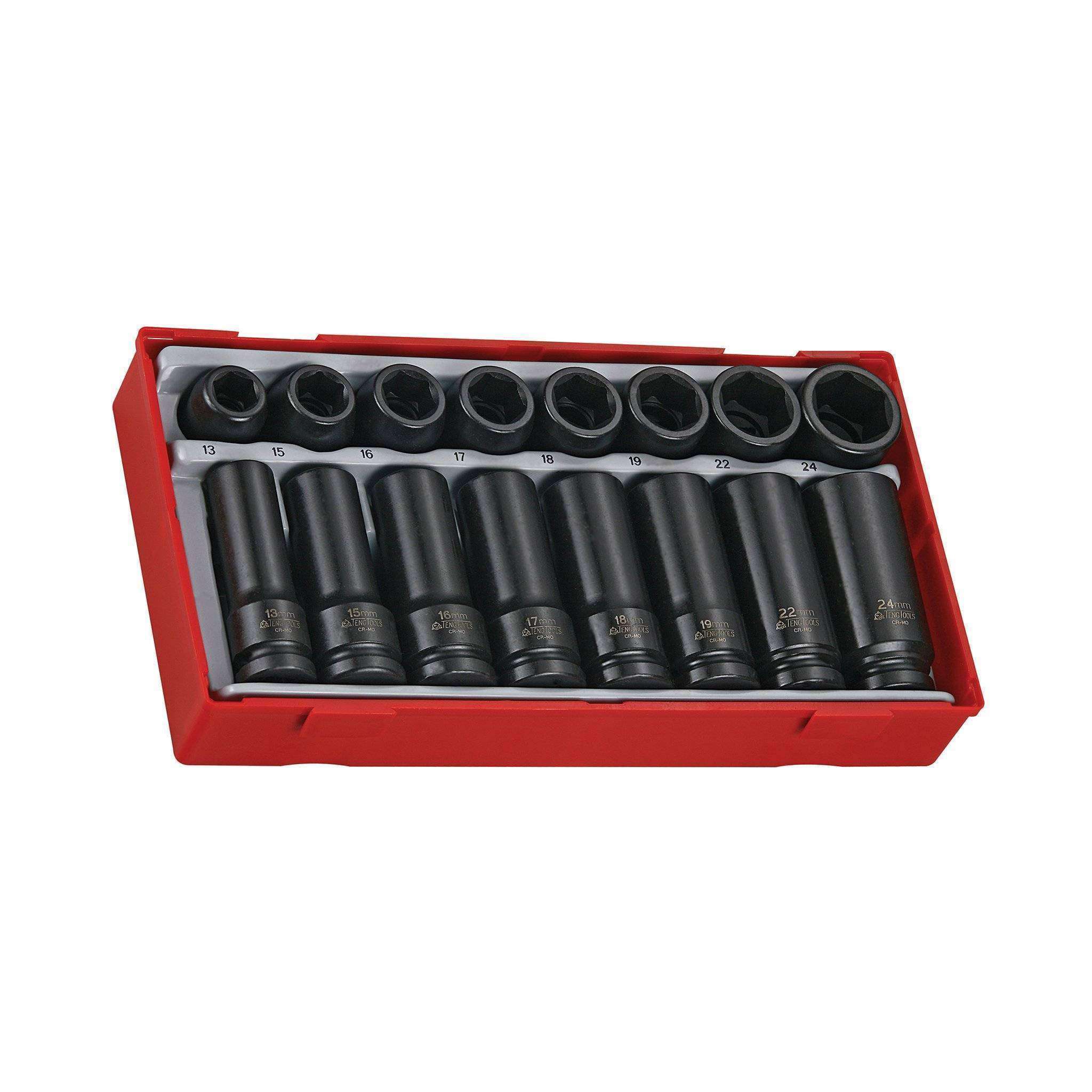 Teng Tools 16 Piece 1/2 Inch Drive 6 Point Regular And Deep Impact Socket Set - TT9120D