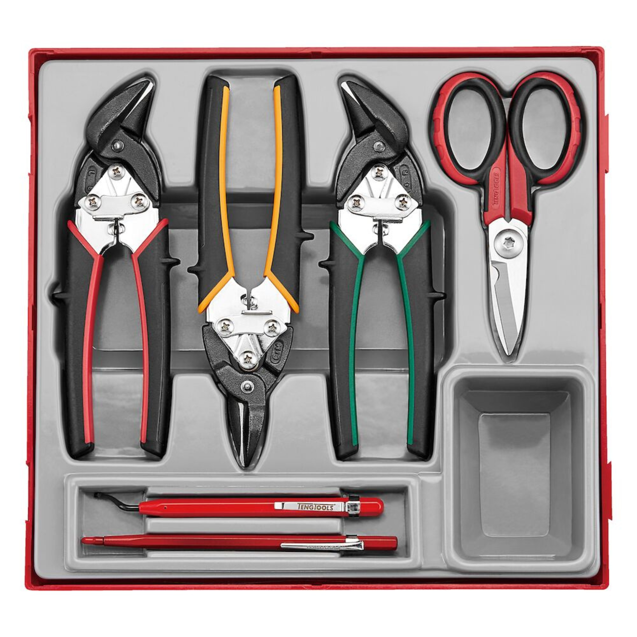 Teng Tools 6 Piece High Leverage Mini Tin Snip, Scissor, Scriber & Deburring Tool Tray - TTDCT06