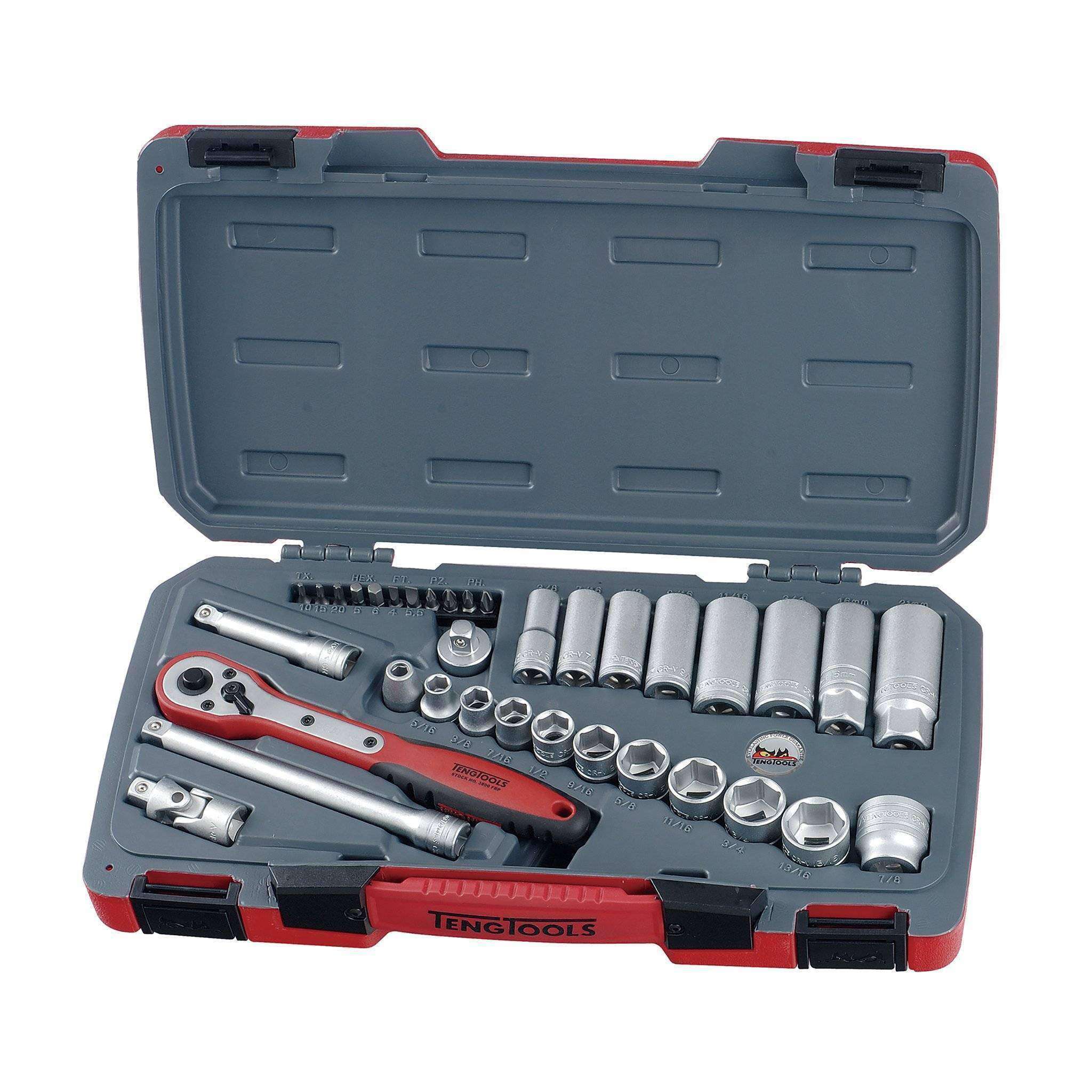 Teng Tools 35 Piece 3/8 Inch Drive 6 Point SAE Regular/Shallow & Deep Socket Set - T3835AF