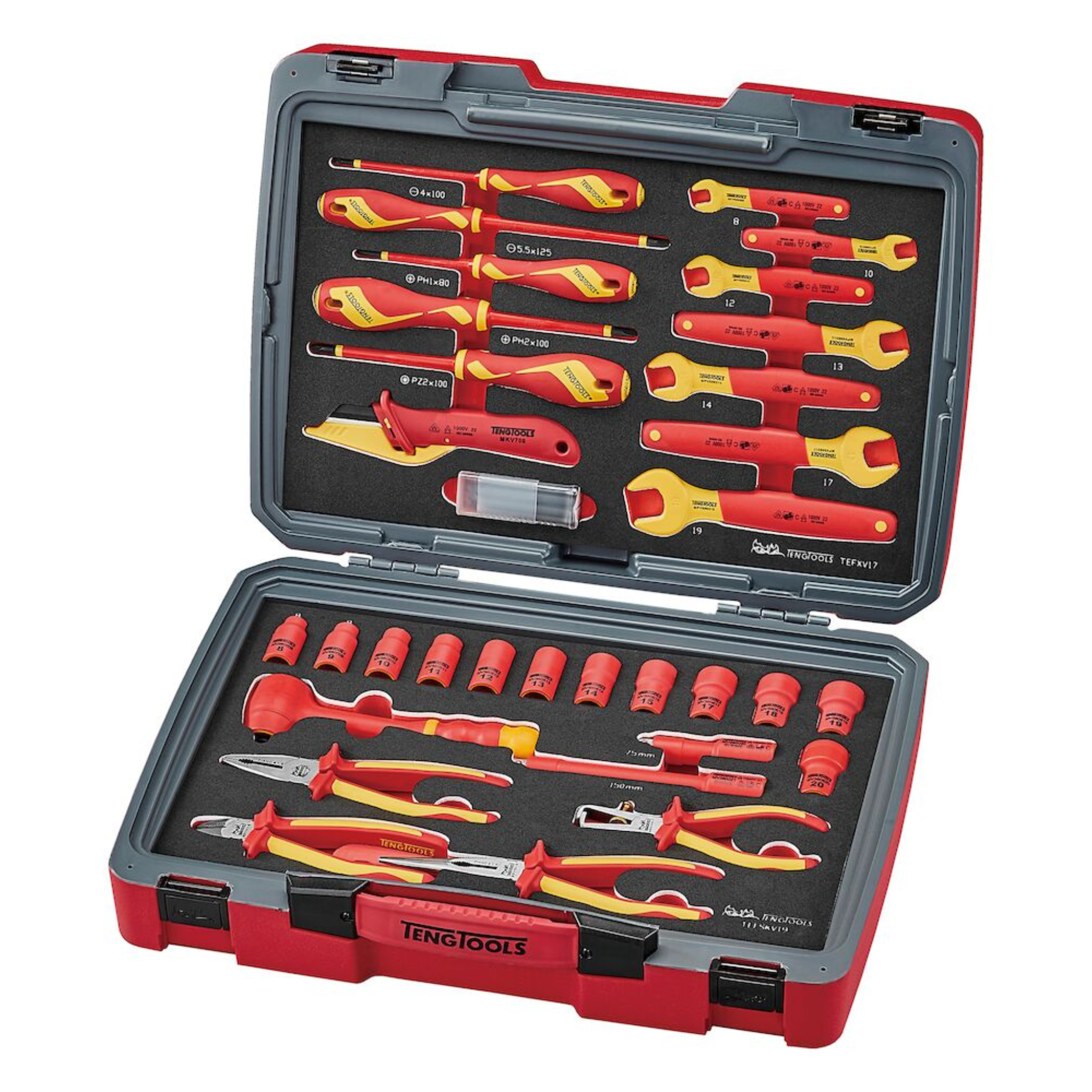 Teng Tools 37 Piece 1000 Volt Insulated Open Ended Wrench, Screwdriver, Plier & Socket Electricians Portable EVA Foam Tool Kit - TC-6TE03