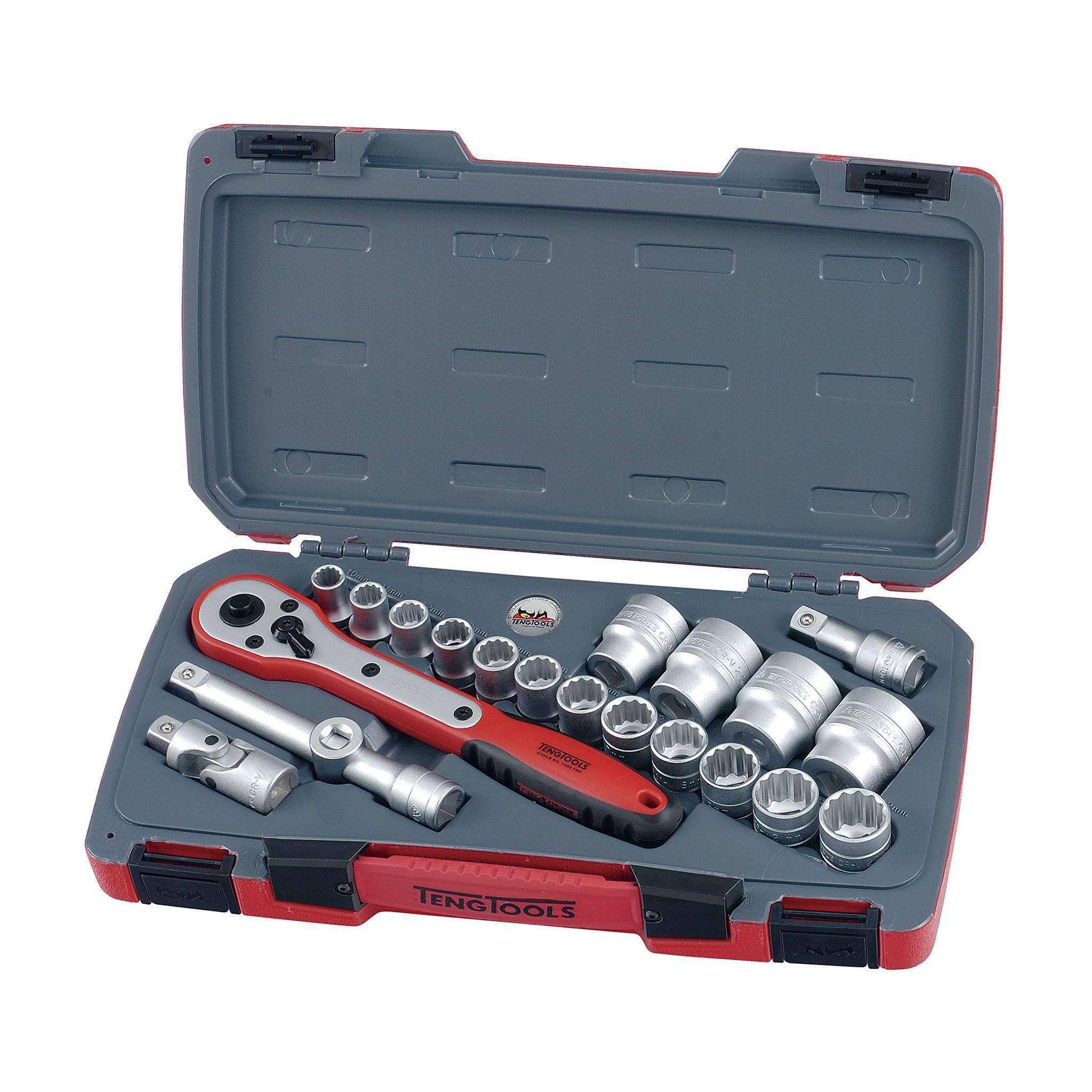 Teng Tools 21 Piece 1/2 Inch Drive 12 Point Metric Regular/Shallow Socket Set (10mm - 32mm) - T1221