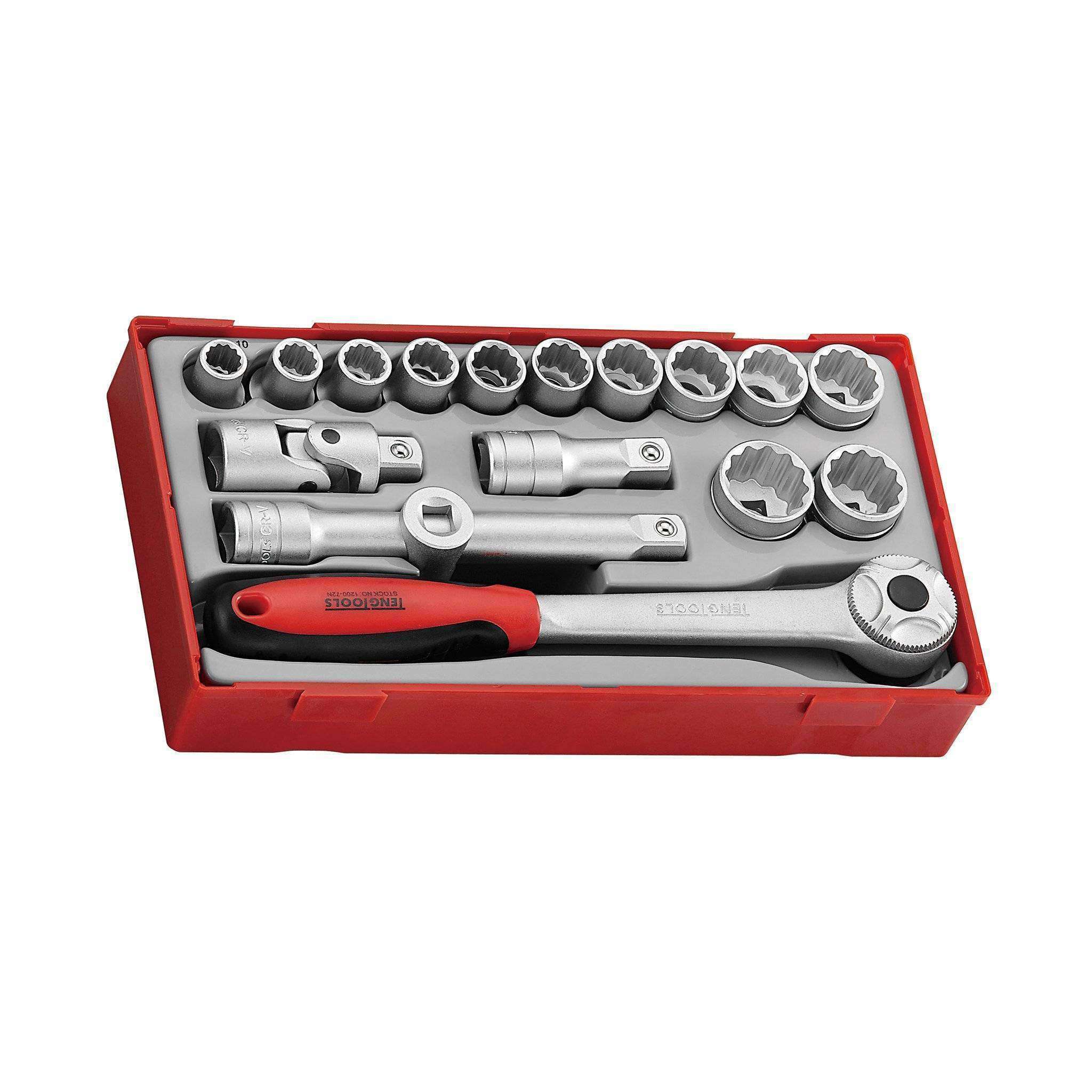 Teng Tools 17 Piece 1/2 Inch Drive Metric 12 Point Regular/Shallow Socket Set Tool Tray - TT1218
