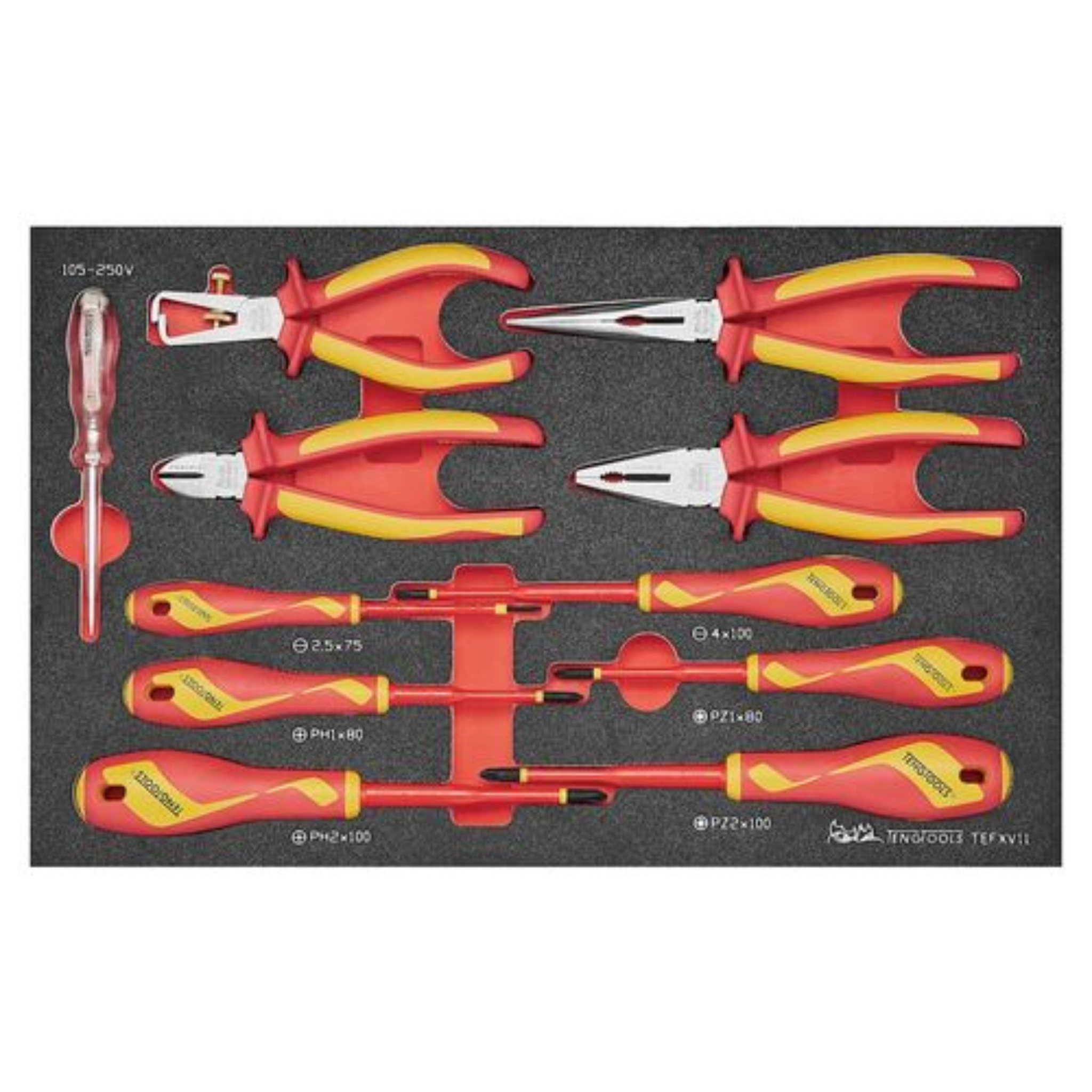 Teng Tools 39 Piece 1000 Volt Insulated Screwdriver, 3/8 Inch Drive Socket & Plier Electricians Portable EVA Foam Tool Kit - TC-6TE06