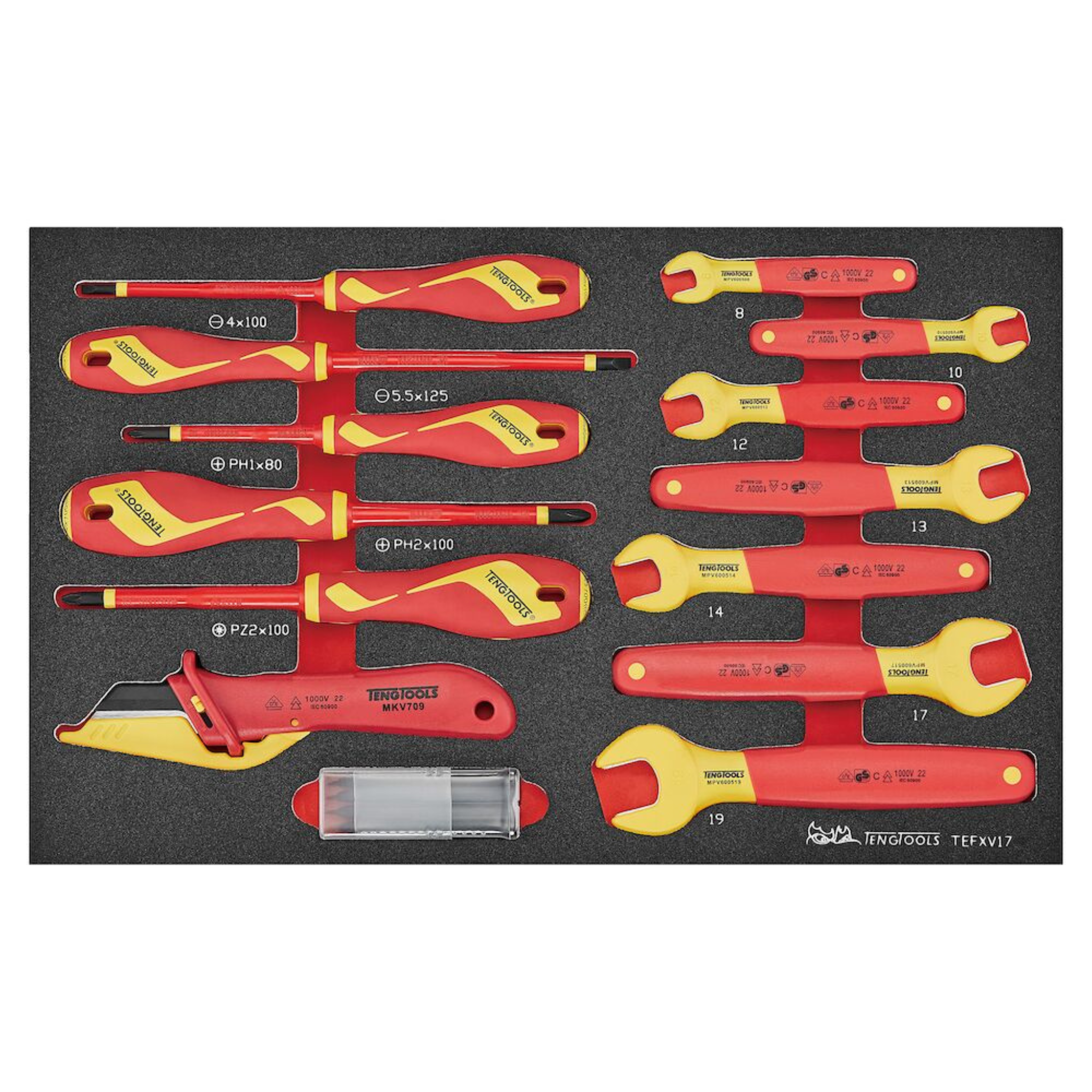 Teng Tools 17 Piece 1000 Volt Insulated Open Ended Wrench (8mm To 19mm) & Slotted, PH, PZ Screwdriver EVA Foam Tool Tray - TEFXV17