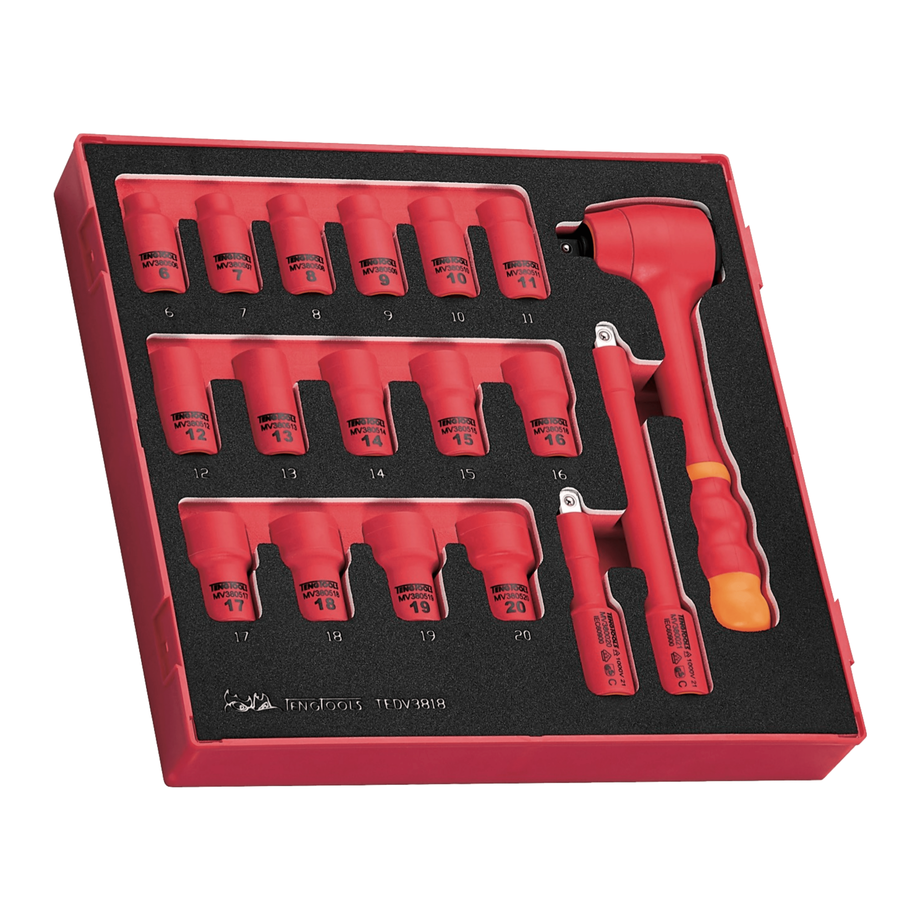Teng Tools 18 Piece 3/8 Inch Drive Metric 6 Point 1000 Volt Shallow Insulated EVA Foam Socket Set (6MM - 20MM) , Electricians Tool , Insulated Tool ,