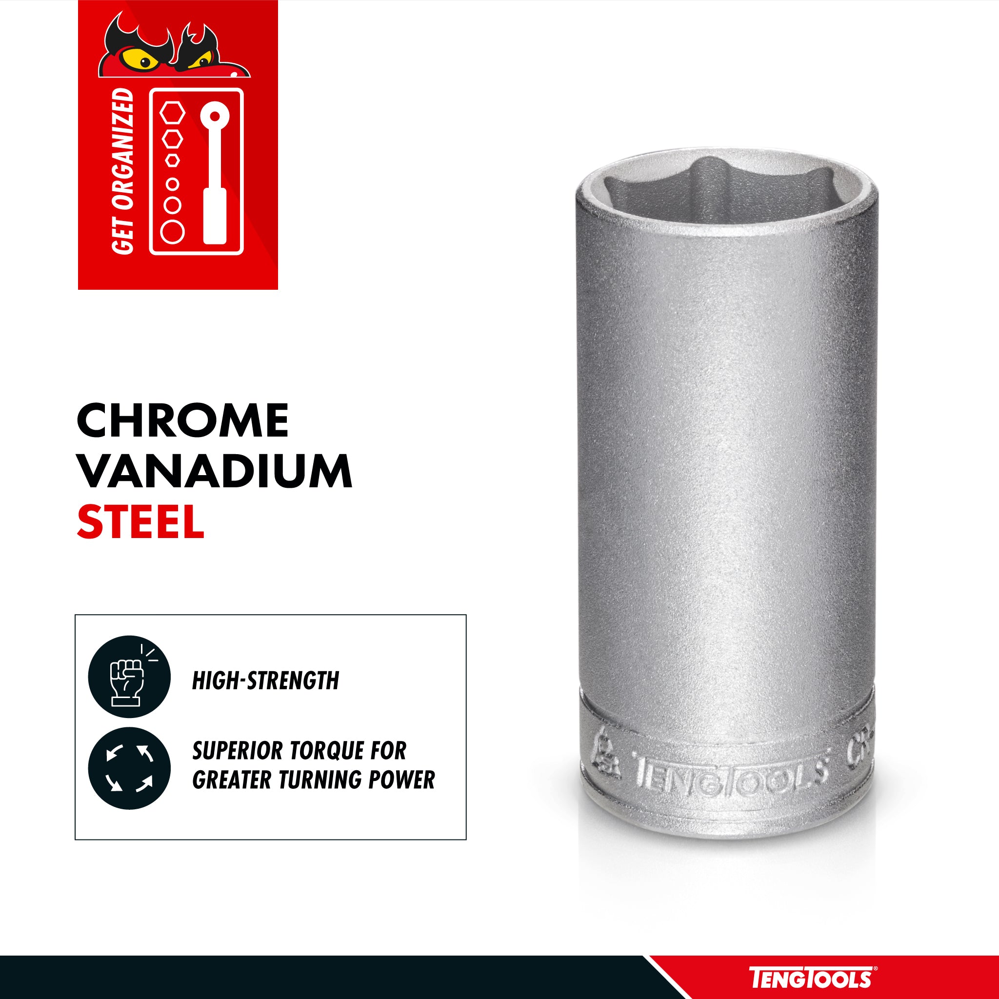 Teng Tools 6 Point SAE Deep 1/4 Inch Drive Chrome Vanadium Sockets - 3/8