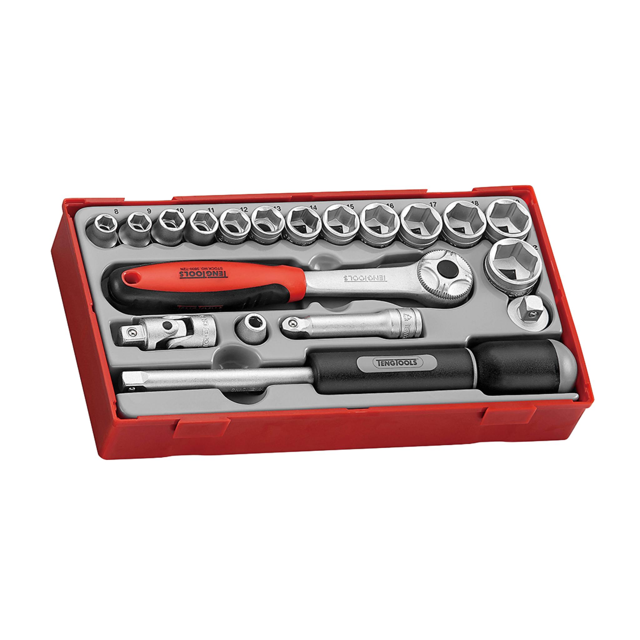 Teng Tools 19 Piece 3/8 Inch Drive Metric 6 Point Regular/Shallow Socket Set 8 To 22mm - TT3819