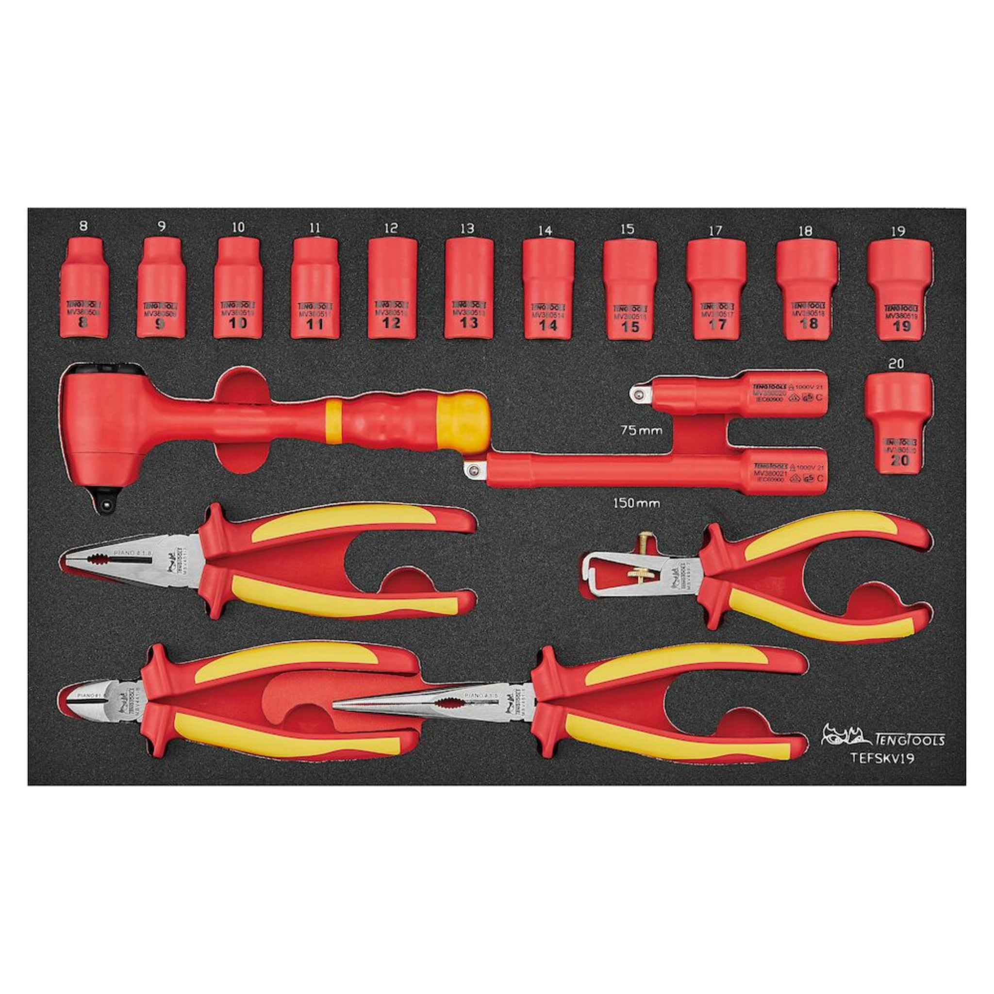 Teng Tools 37 Piece 1000 Volt Insulated Open Ended Wrench, Screwdriver, Plier & Socket Electricians Portable EVA Foam Tool Kit - TC-6TE03
