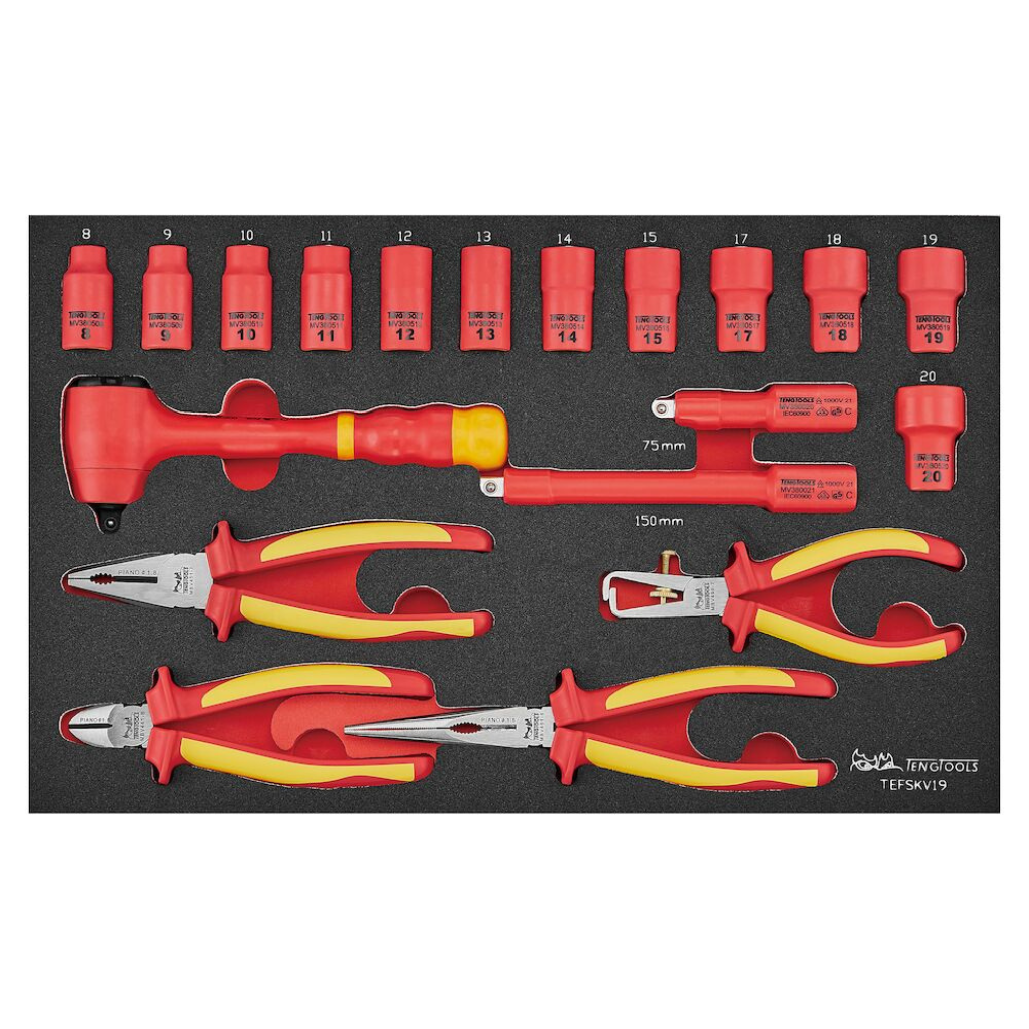 Teng Tools 19 Piece 1000 Volt Insulated 3/8 Inch Drive 6 Point Shallow Socket, Extension Bar, Ratchet & Plier EVA Foam Tray - TEFSKV19