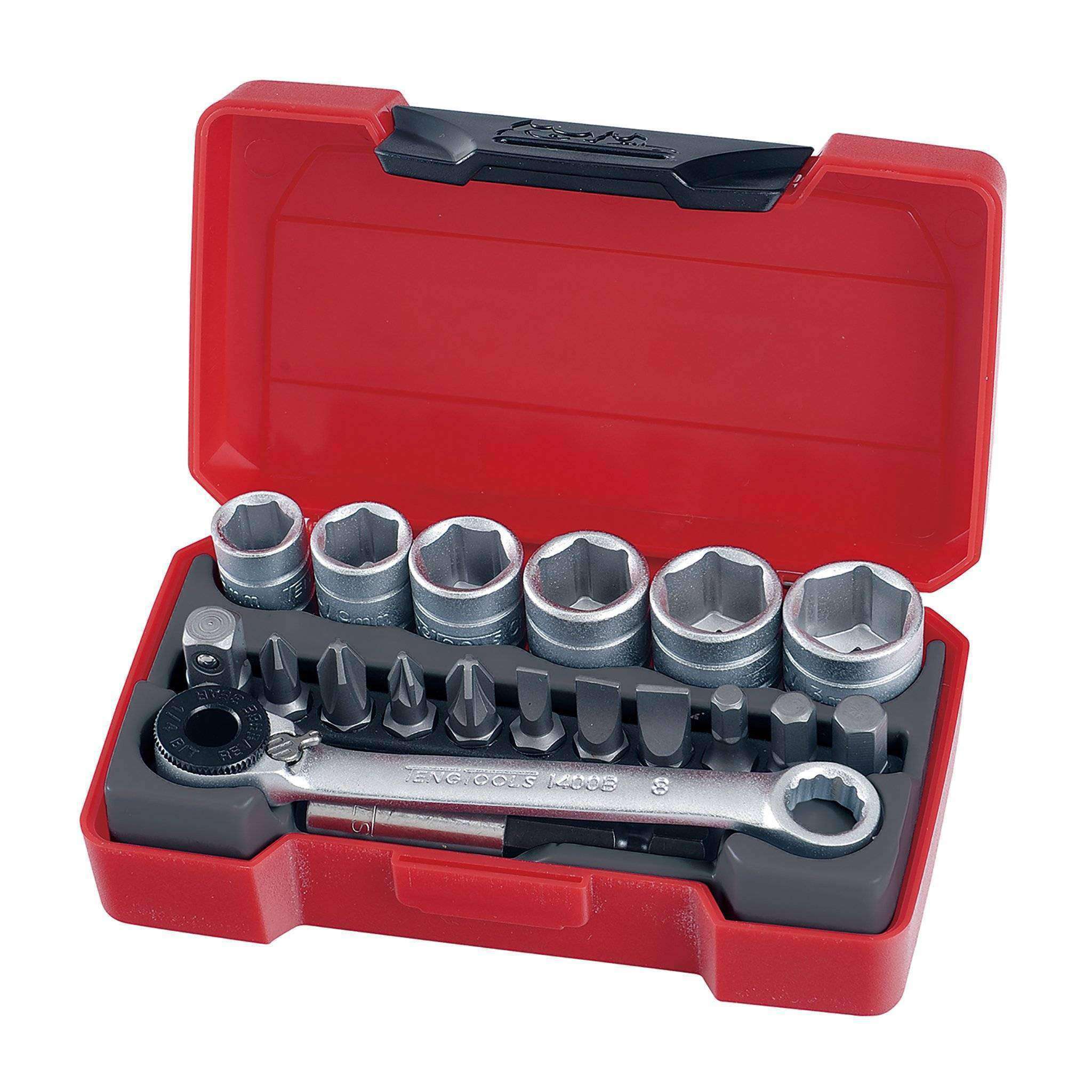 Teng Tools 19 Piece 1/4 Inch Drive 6 Point Metric Regular/Shallow Socket Set (8mm - 13mm) - T1419