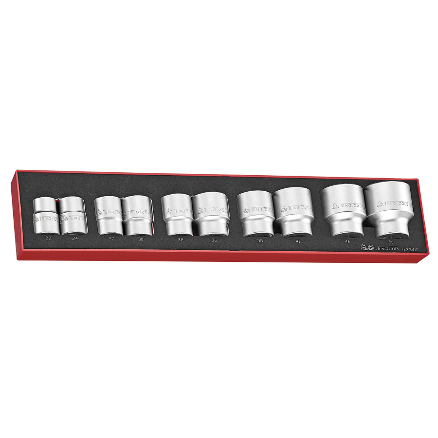 Teng Tools 10 Piece 3/4 Inch Drive 6 Point Metric Shallow Socket Set (22MM To 50MM) - TEX3410