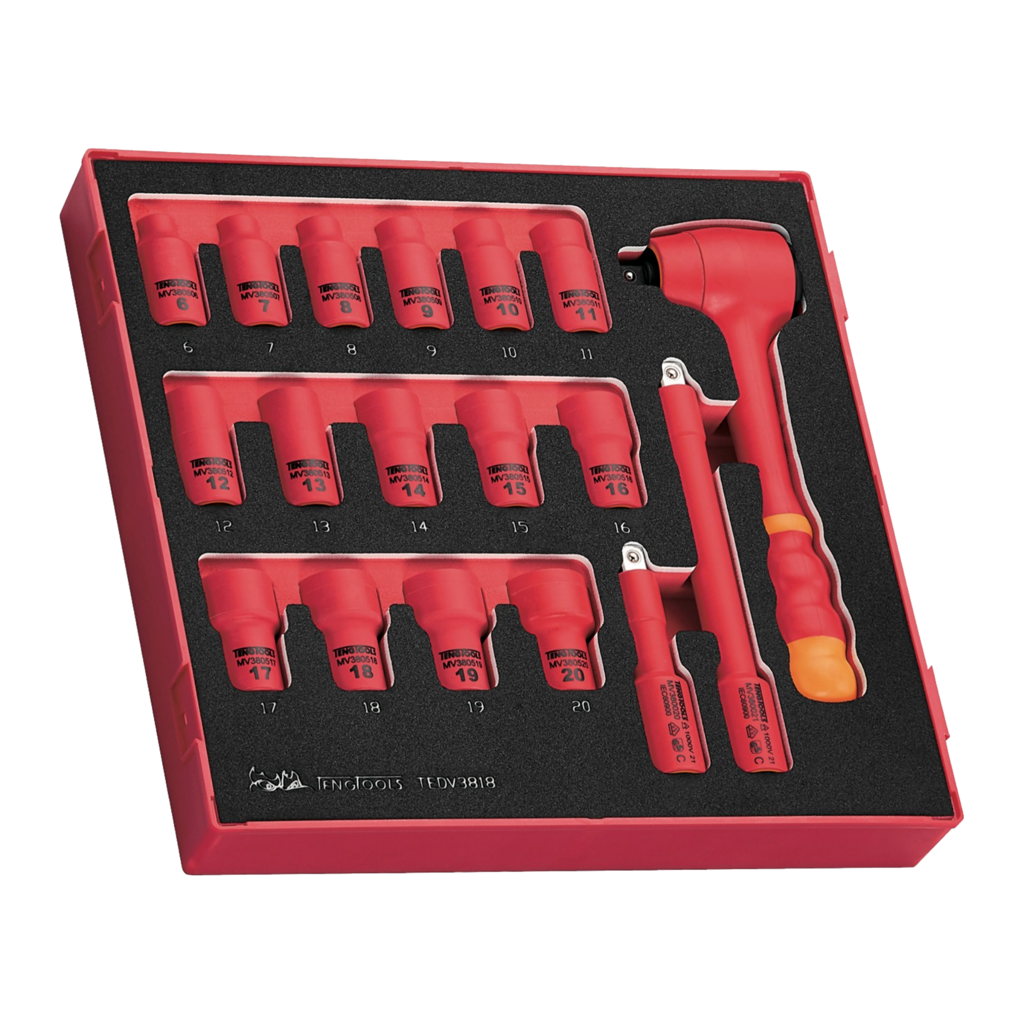 Teng Tools 36 Piece 1000 Volt Insulated Screwdriver, 3/8 Inch Drive Socket & Plier Electricians Portable EVA Foam Tool Kit - TC-6TE04