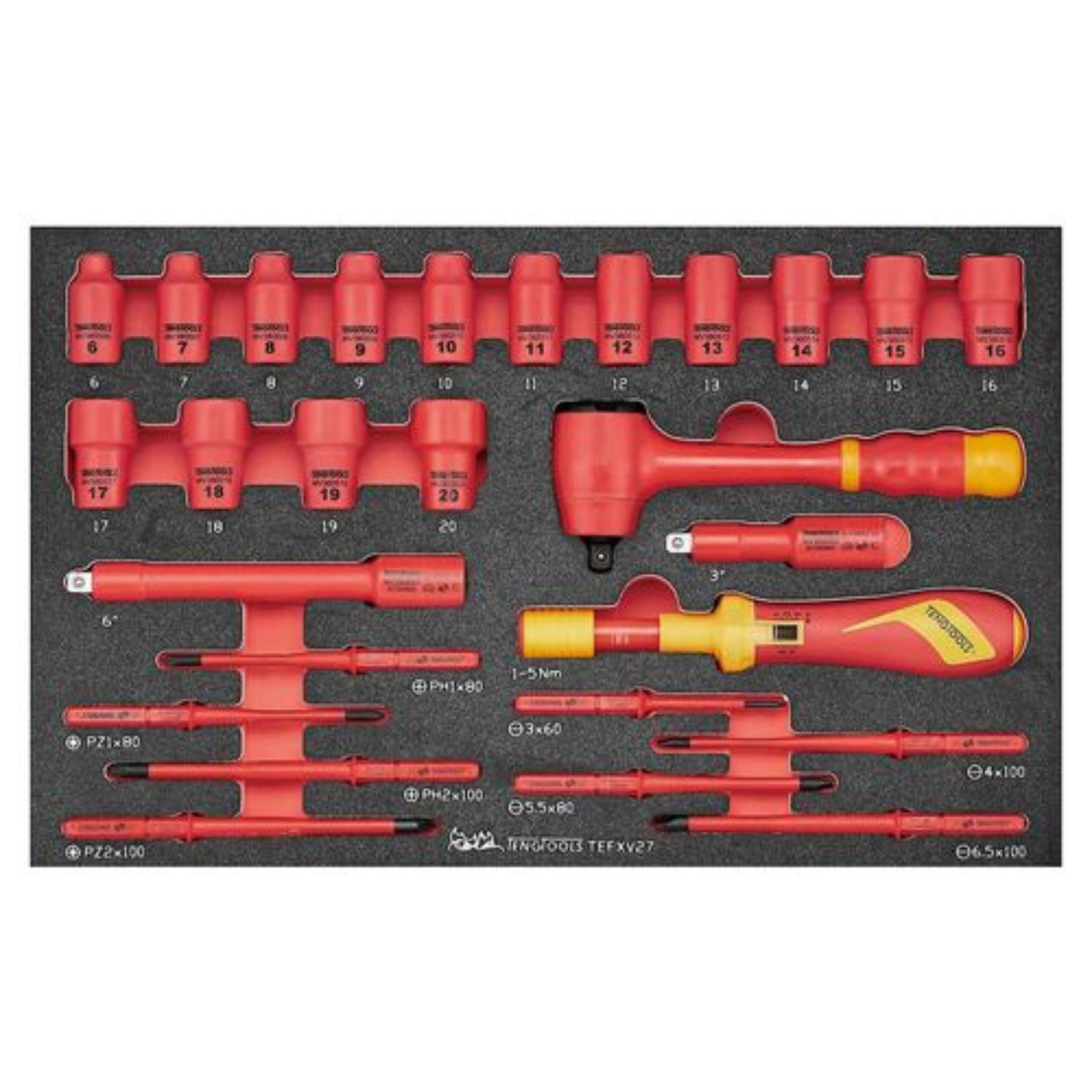 Teng Tools 52 Piece 1000 Volt Insulated Torque Screwdriver, Open Ended Wrench & Electrician Portable EVA Foam Tool Kit - SCE5