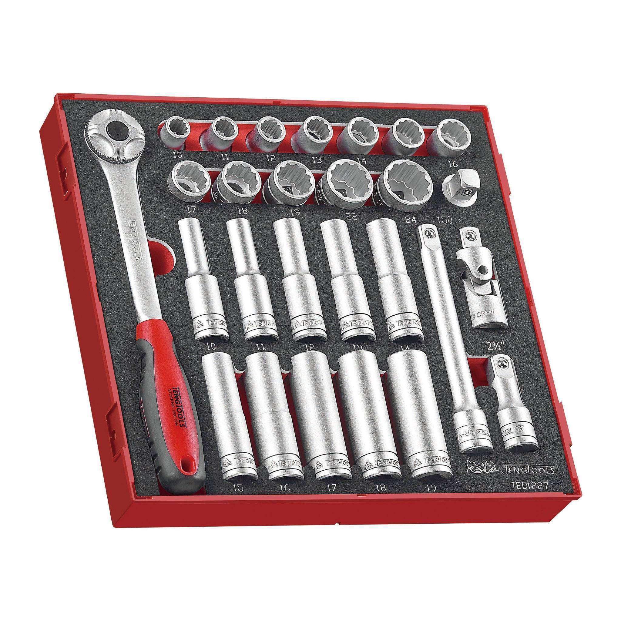 Teng Tools 27 Piece 1/2 Inch Drive 12 Point Metric Regular/Shallow & Deep Foam Socket Set - TED1227