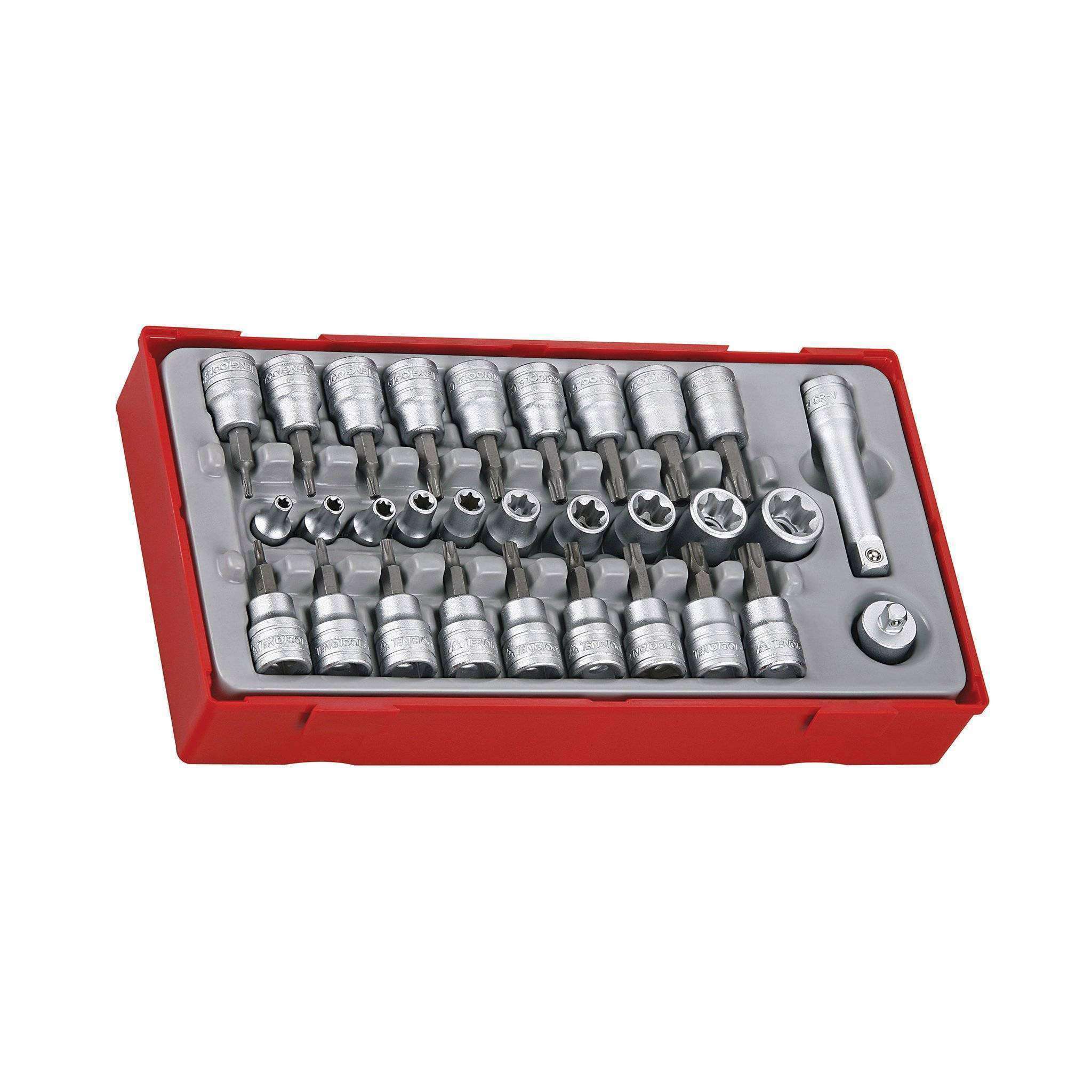 Teng Tools 30 Piece 3/8 Inch Drive TX/TPX/TX-E Socket Set Tool Tray + Extension & Adaptor - TTTX30