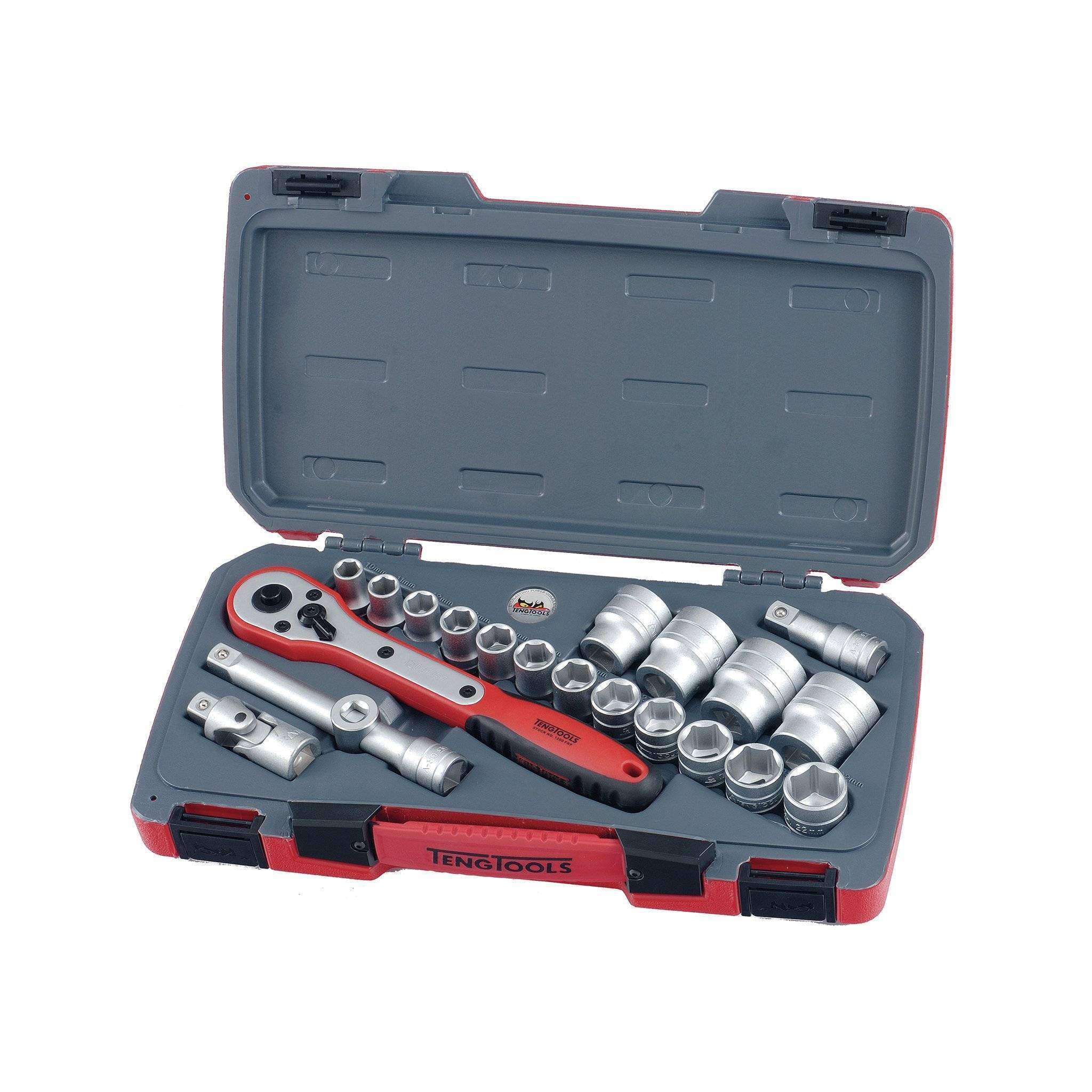 Teng Tools 21 Piece 1/2 Inch Drive 6 Point Metric Regular/Shallow Socket Set (10mm - 32mm) - T1221-6