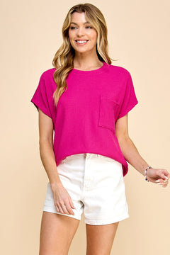 Pink Solid Ribbed Top with Pockets