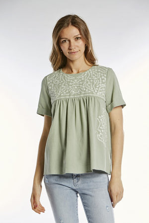 Embroidered Babydoll Blouse (Sage)