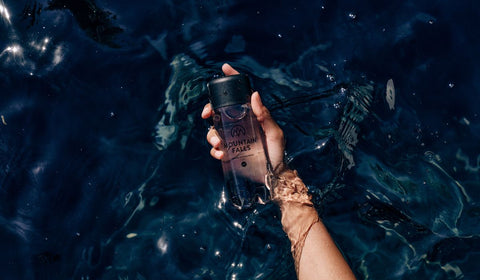hand holding water bottle inside water