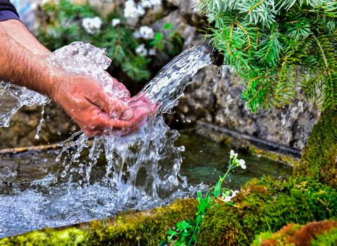 image of a hand in a stream of fresh spring water