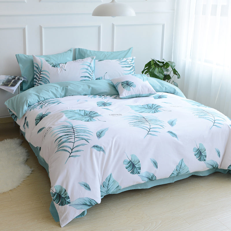 Bedding Double Sided Quilt Cover Set 100 Cotton Blue Leaf