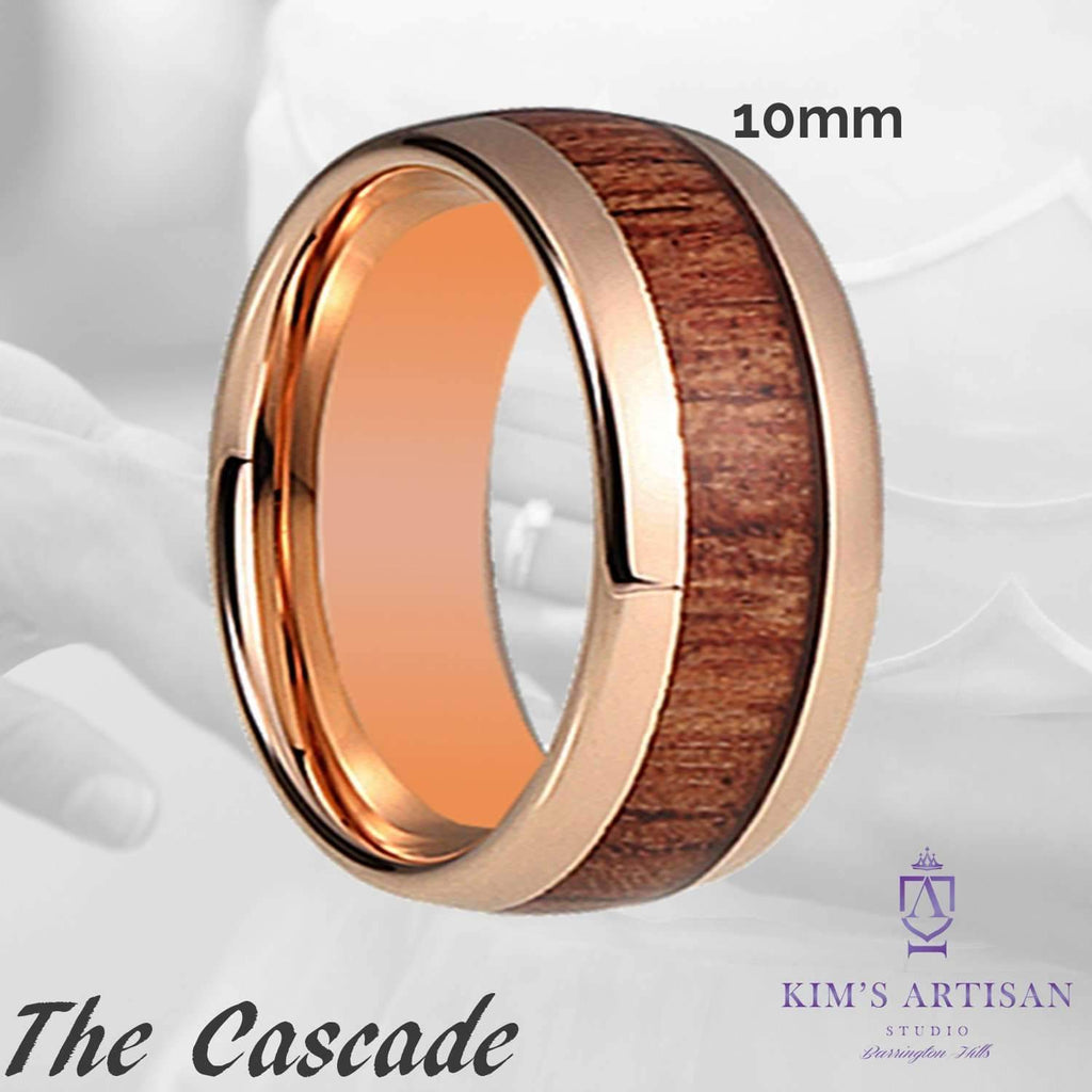 The Cascade 6mm Rose Gold Tungsten Wedding Ring Hawaiian Koa