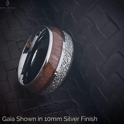 The Gaia | 6mm Rose Gold & Tungsten Wedding Ring with Meteorite and Koa Wood Stripes - Kim's Artisan Studio 