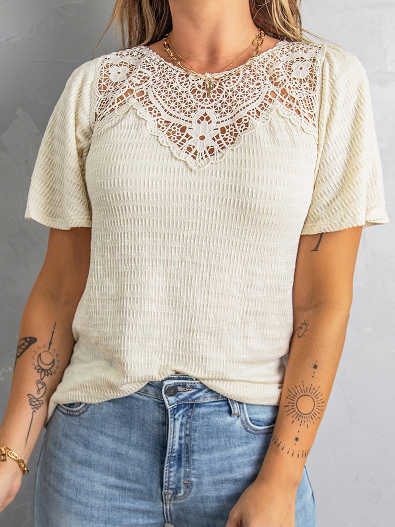 Women's T-Shirts Lace Hollow V-Neck Short Sleeve T-Shirt