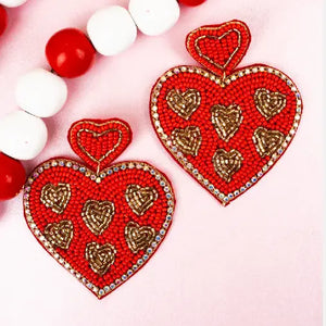 Valentine seed beaded red heart earrings - Victoria's Rose Smithfield