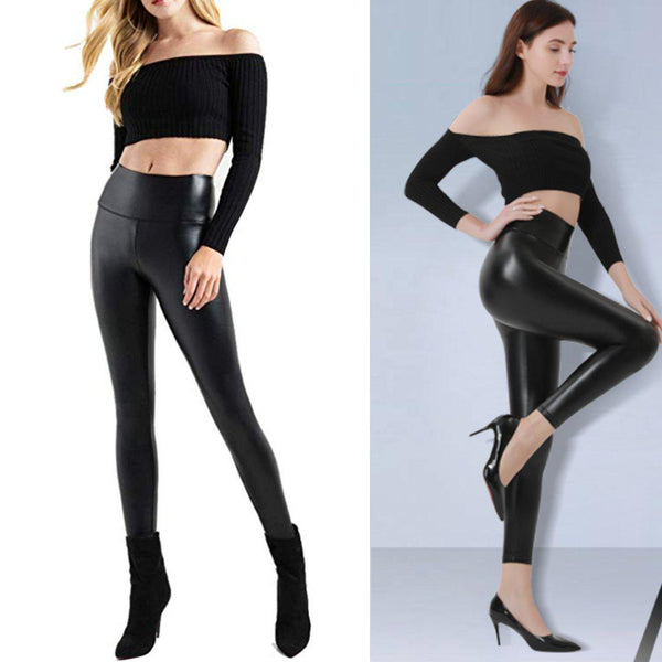 Black Faux Leather Leggings Womens Pleather Stretchy Pants 1200