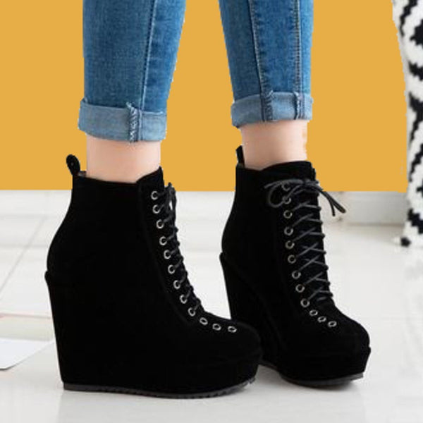 Buy > black lace up booties wedges > in stock