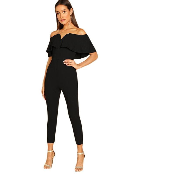 Off Shoulder Jumpsuit | Short Sleeve Ruffle Skinny Jumpsuit