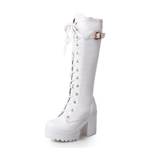 white knee high combat boots