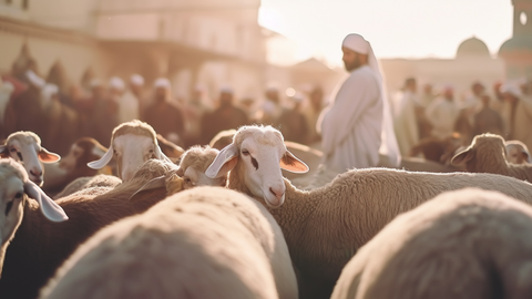 Flock of sheep with a shepherd standing watch over the flock, set in a Middle Eastern town.