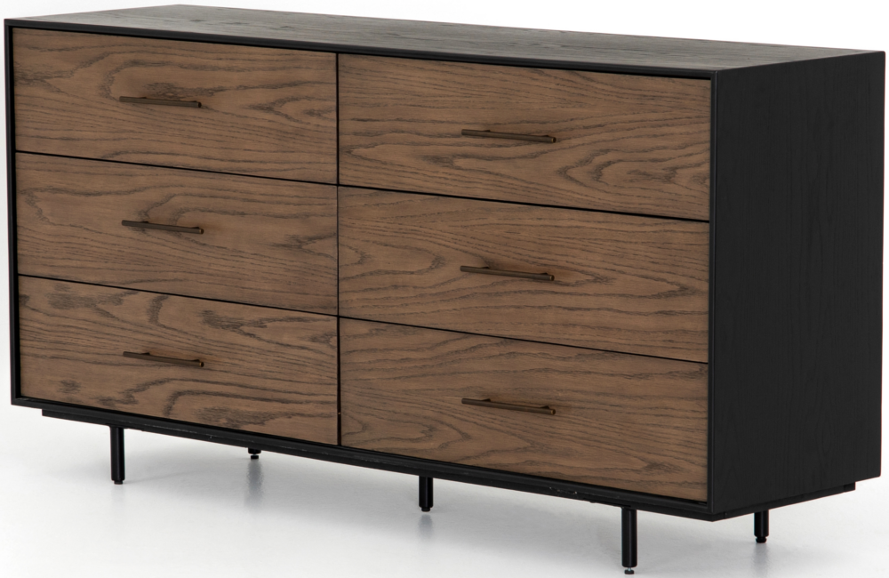 Adelina 6-Drawer Dresser Dresser Black Burnished Drawers Iron natural Oak Oak Veneer Warm Brown